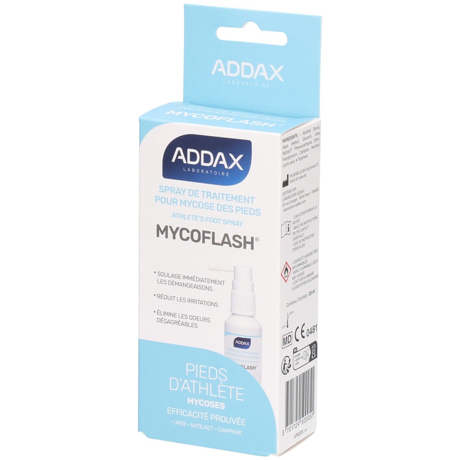 Blauw-witte verpakking met sprayfles. Tekst: ADDAX, MYCOFLASH, spray tegen voetschimmel. CE-markering.
