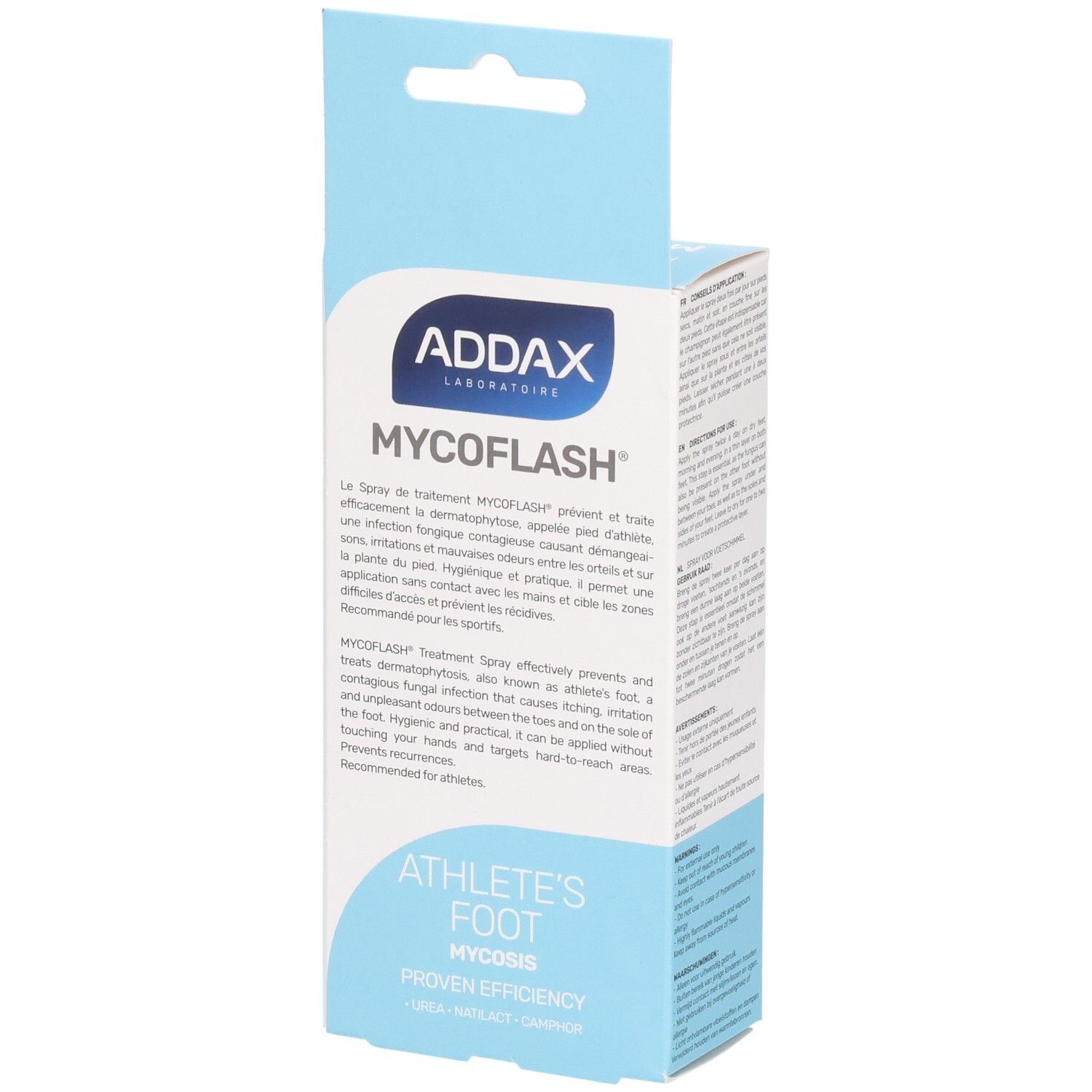 Blauwe en witte verpakking. Tekst: ADDAX, MYCOFLASH, spray tegen voetschimmel. Beschrijving. Achterkant.