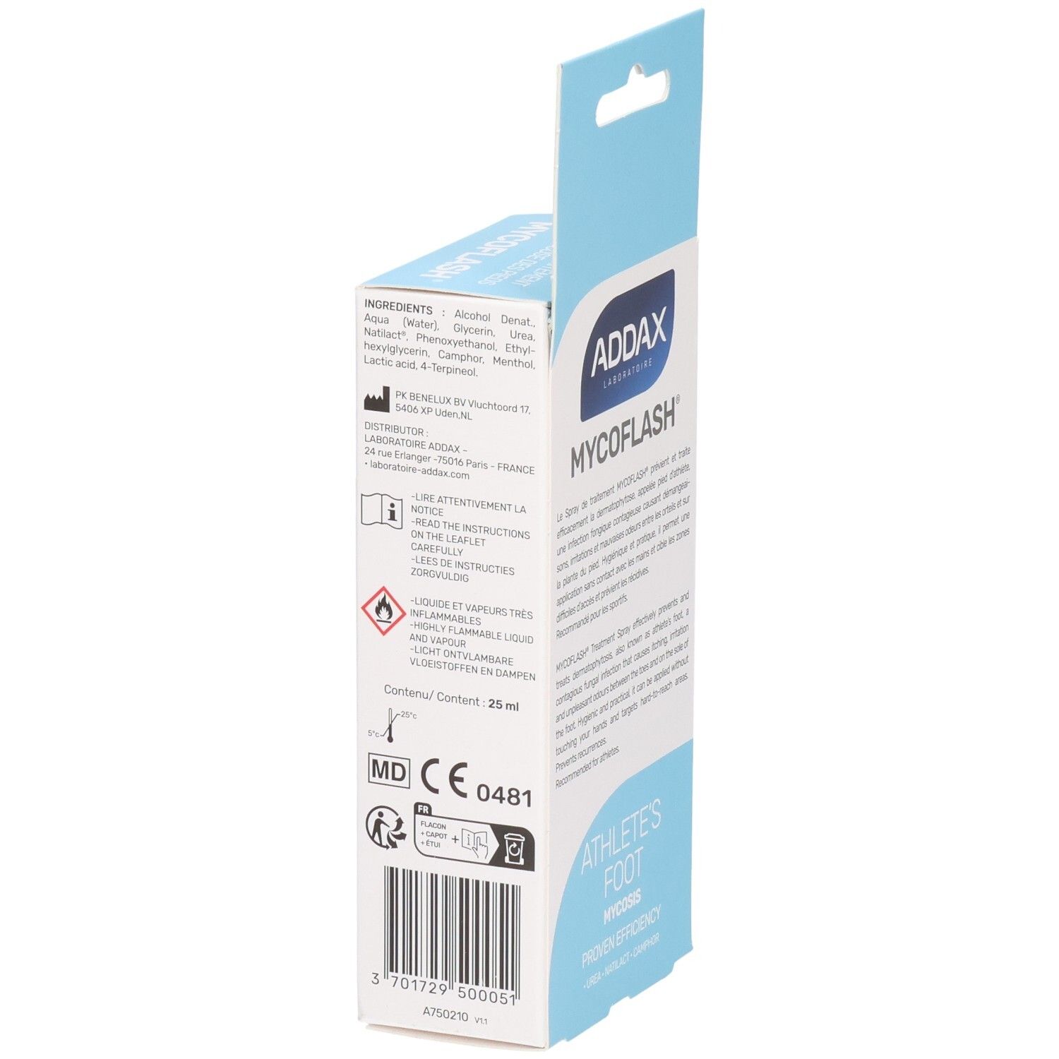Blauwe en witte verpakking. Tekst: ADDAX, MYCOFLASH, spray tegen voetschimmel. Ingrediënten, CE-markering.