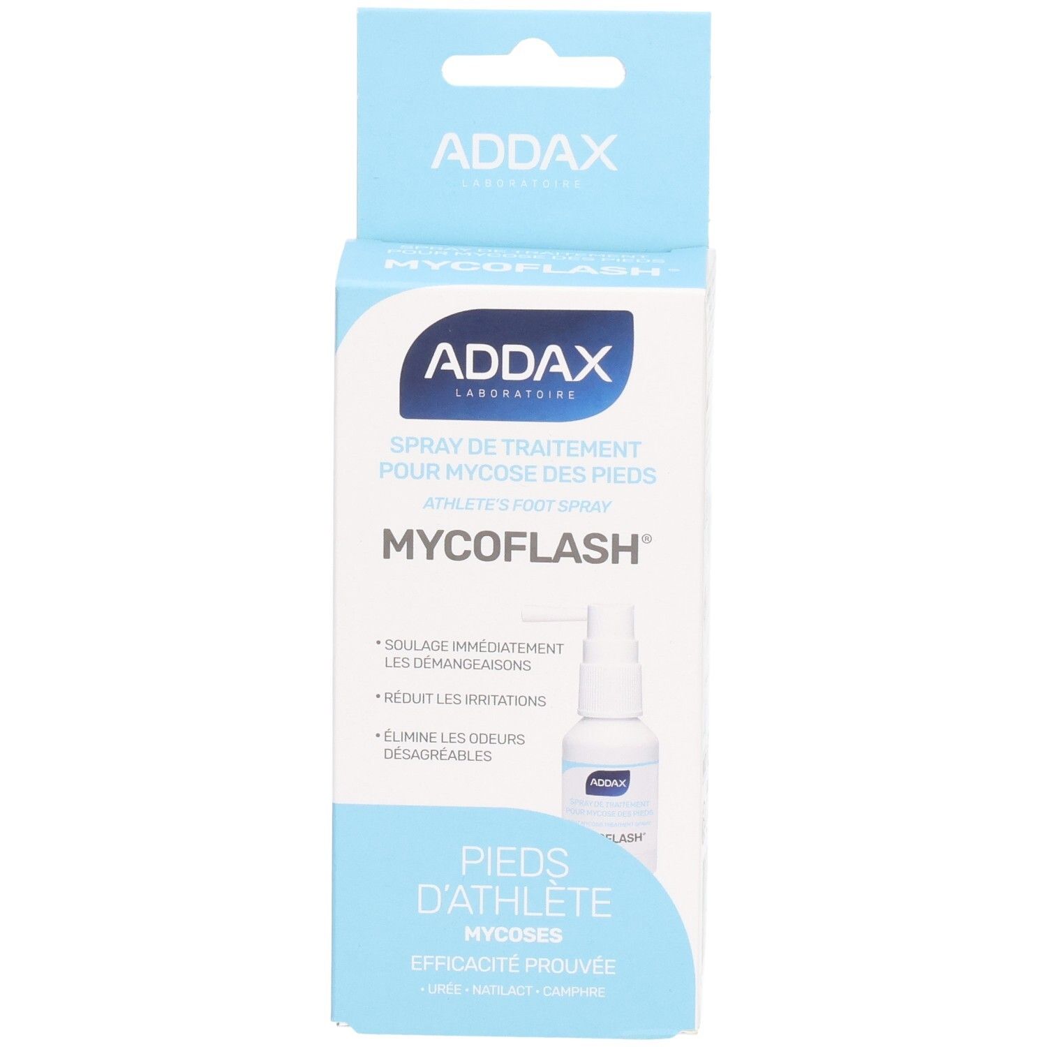 Blauw-witte verpakking met sprayfles. Tekst: ADDAX, MYCOFLASH, spray tegen voetschimmel. CE-markering.