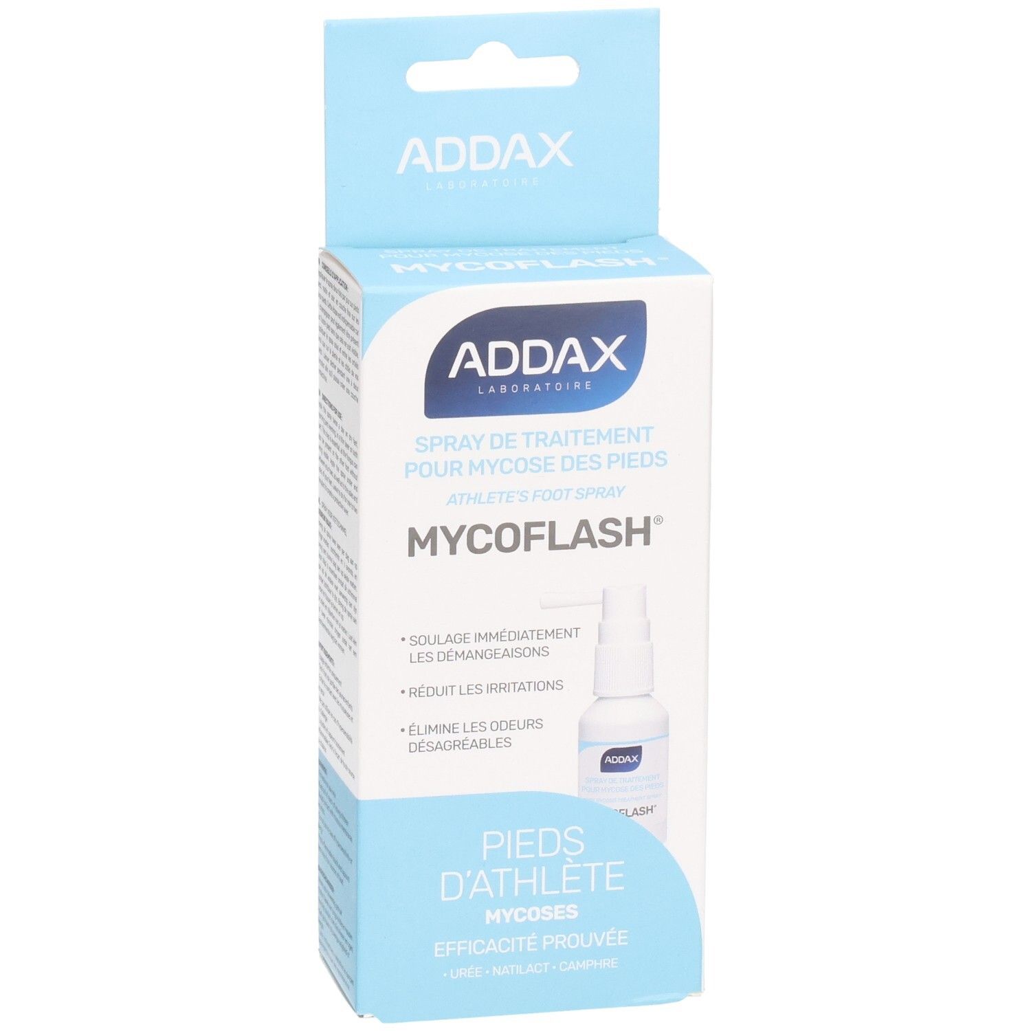Blauw-witte verpakking met sprayfles. Tekst: ADDAX, MYCOFLASH, spray tegen voetschimmel. CE-markering.