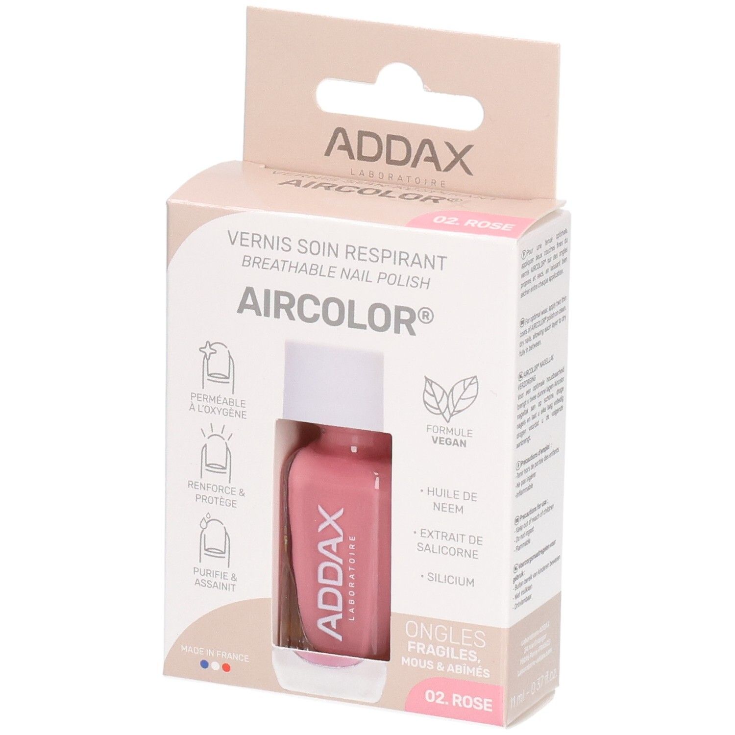 Roze nagellakfles in verpakking. Merk ADDAX, Aircolor. Opschrift: Vernis soin respirant, 02 Rose. Vegan.