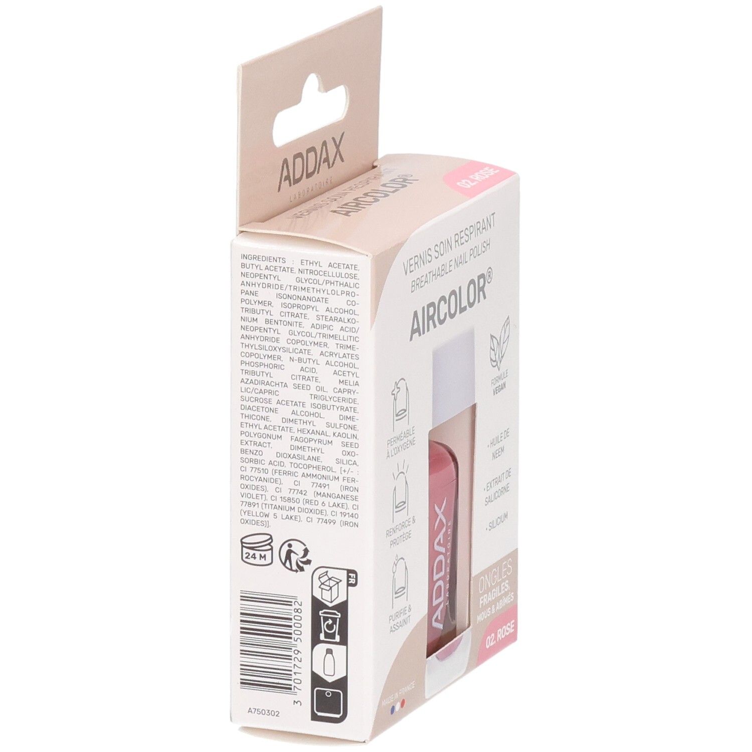 Verpakking van ADDAX Aircolor nagellak. Zijaanzicht met ingrediënten en barcode. Opschrift: Vernis soin respirant, 02 Rose.