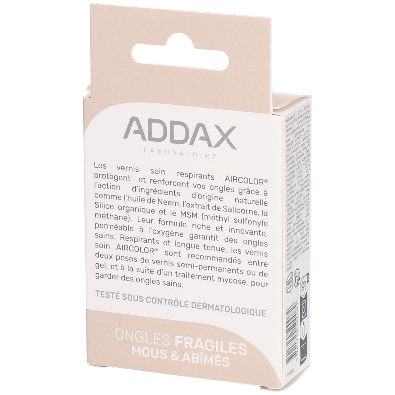 Achterkant van de ADDAX Aircolor nagellakverpakking. Tekst over de eigenschappen van het product. Opschrift: Ongles fragiles, mous & abîmés.