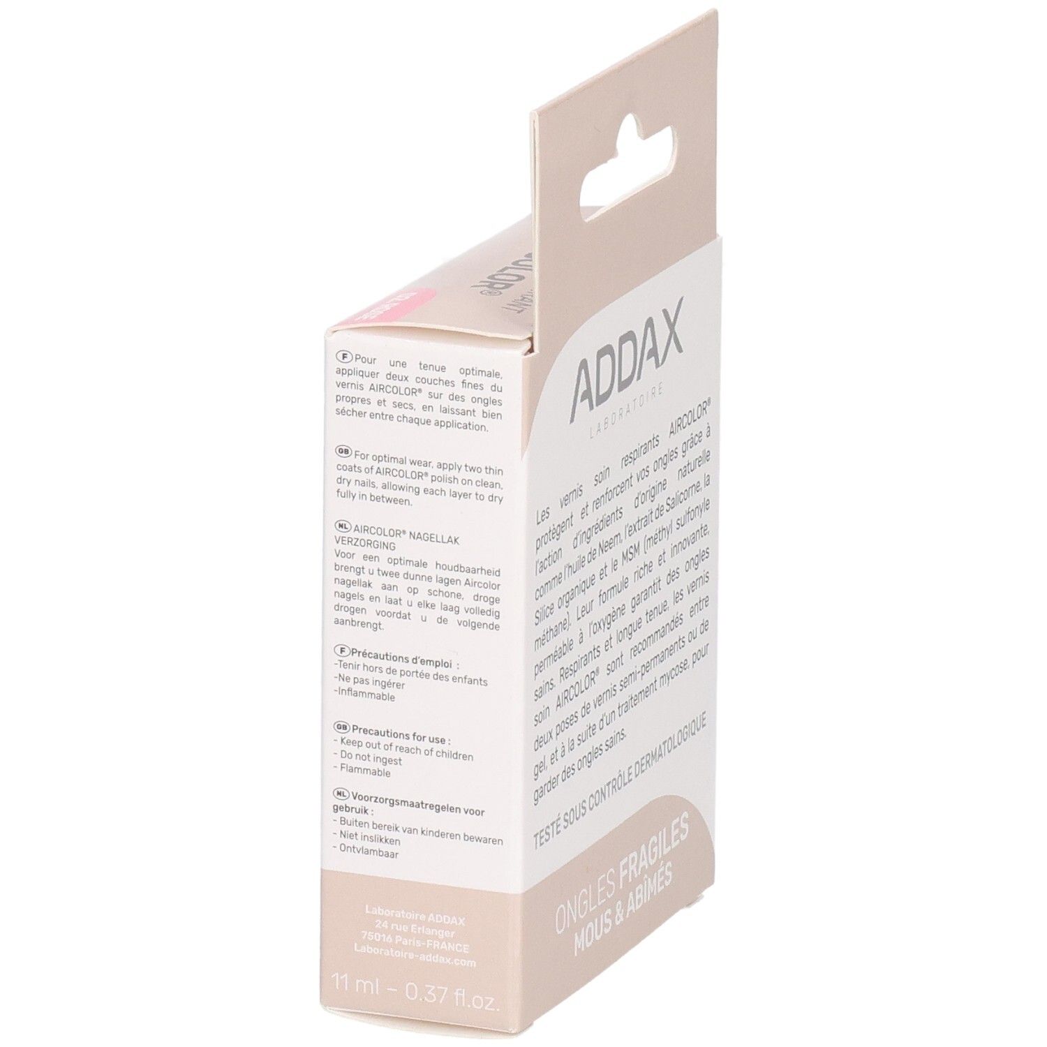 Zijkant van de ADDAX Aircolor nagellakverpakking. Gebruiksaanwijzing. Opschrift: Ongles fragiles, mous & abîmés.