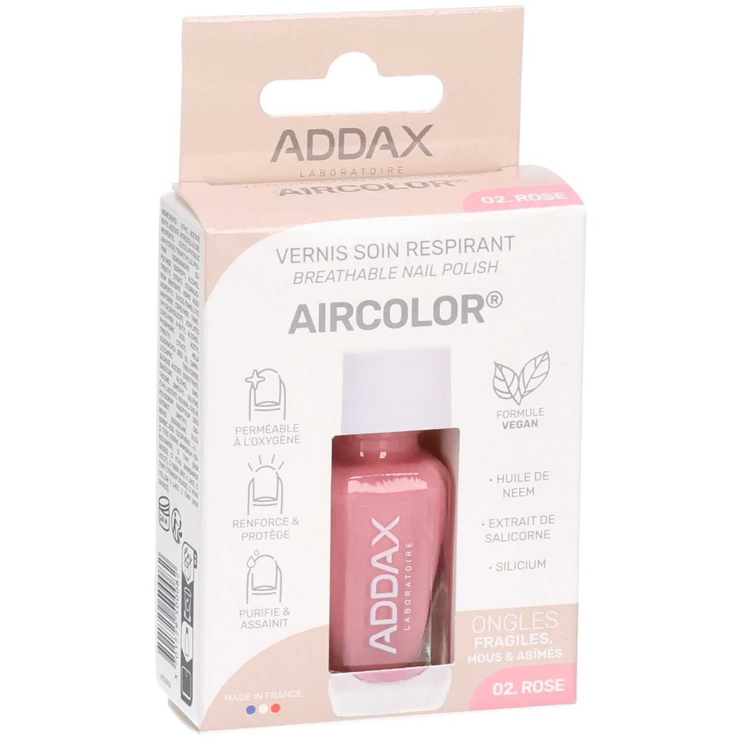 Roze nagellakfles in verpakking. Merk ADDAX, Aircolor. Opschrift: Vernis soin respirant, 02 Rose. Vegan.