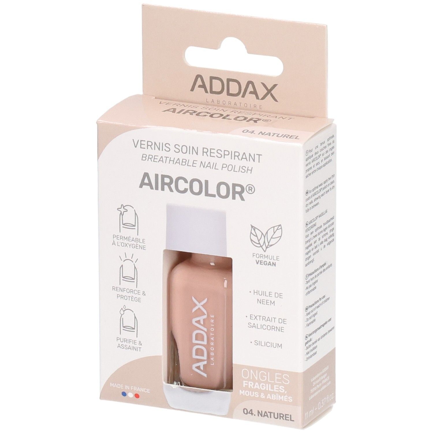 Flacon de vernis à ongles dans emballage carton. Marque ADDAX. Couleur 04 Naturel. Vegan, respirant, pour ongles fragiles.