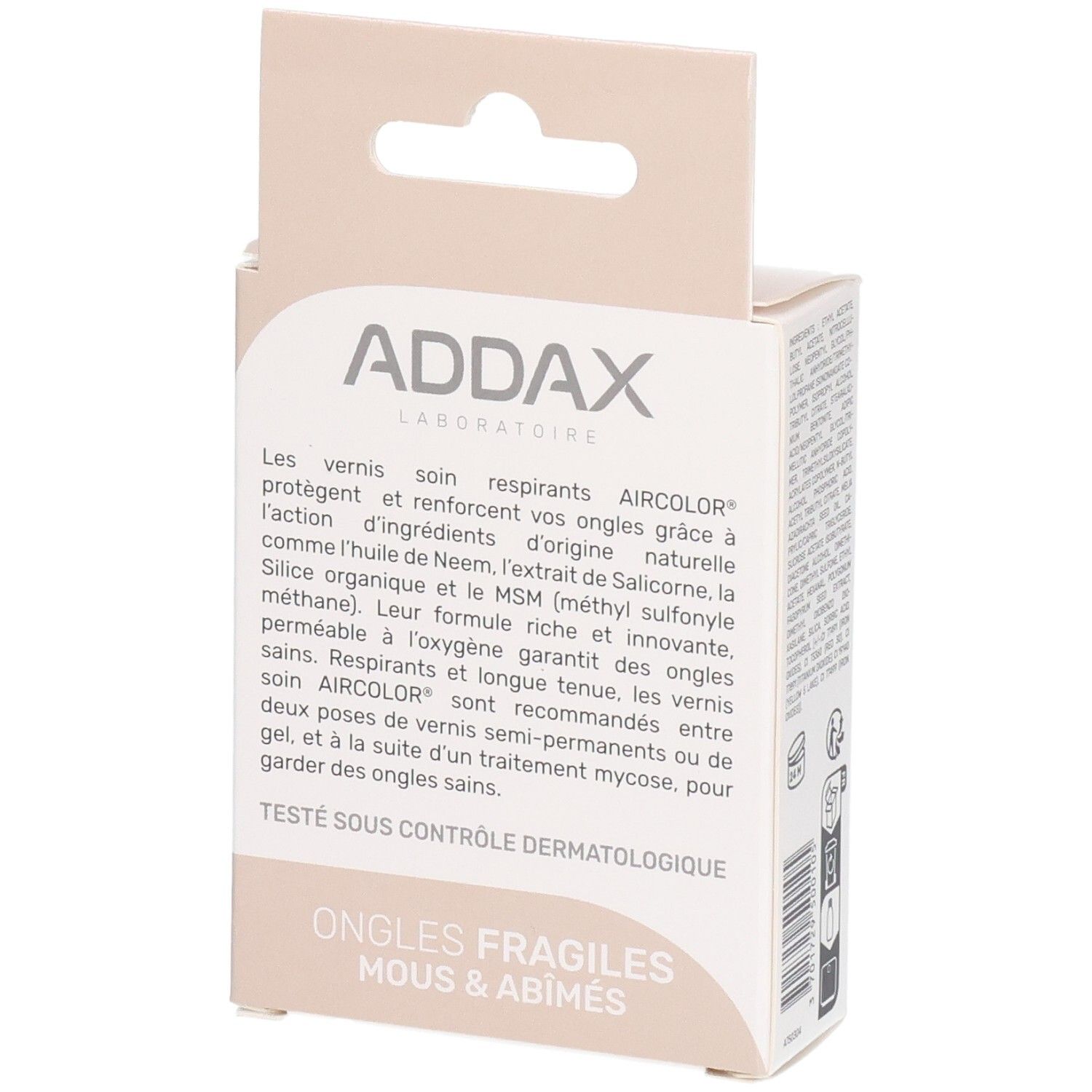 Emballage carton avec texte. Marque ADDAX. Pour ongles fragiles. Testé dermatologiquement. Description des ingrédients.