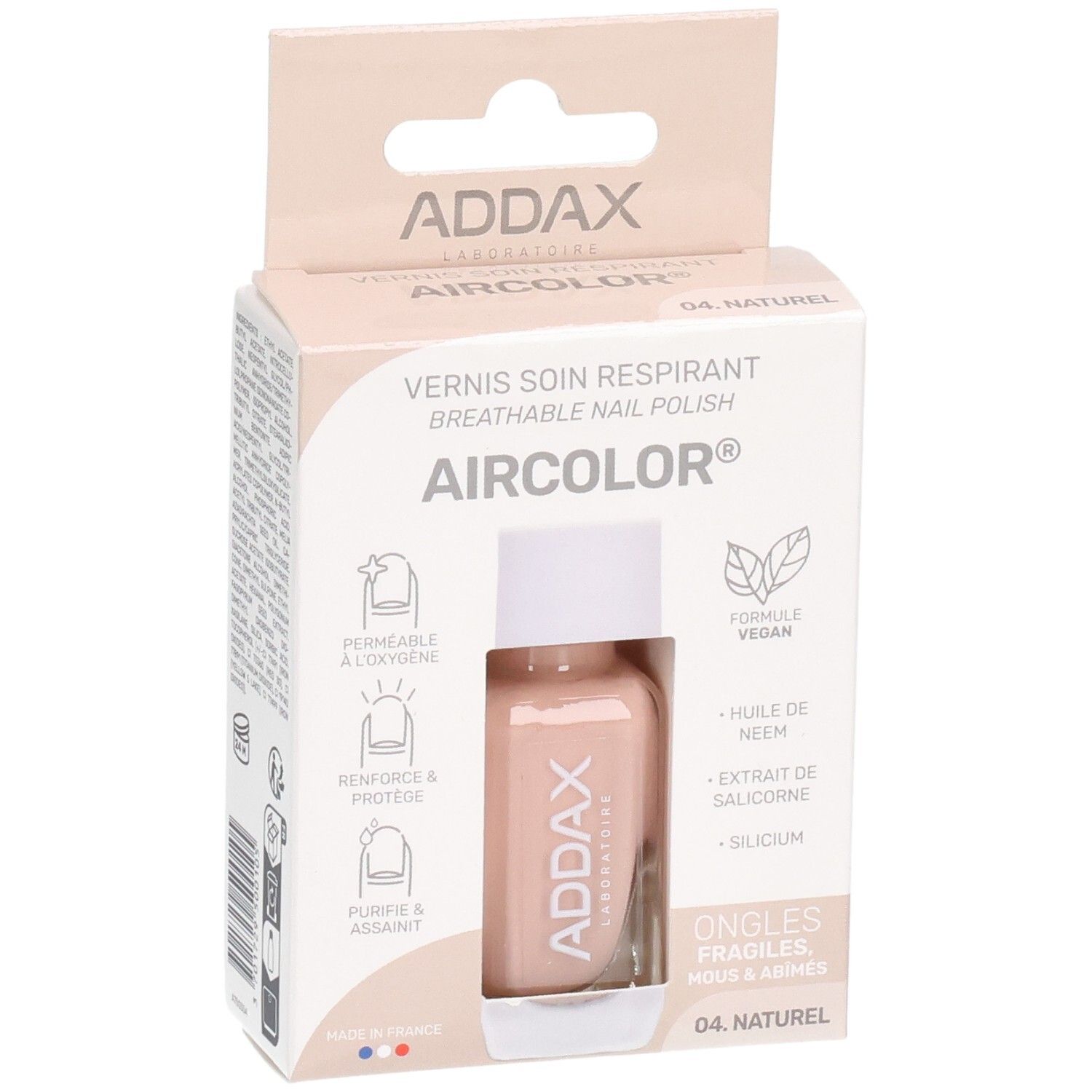 Flacon de vernis à ongles dans emballage carton. Marque ADDAX. Couleur 04 Naturel. Vegan, respirant, pour ongles fragiles.