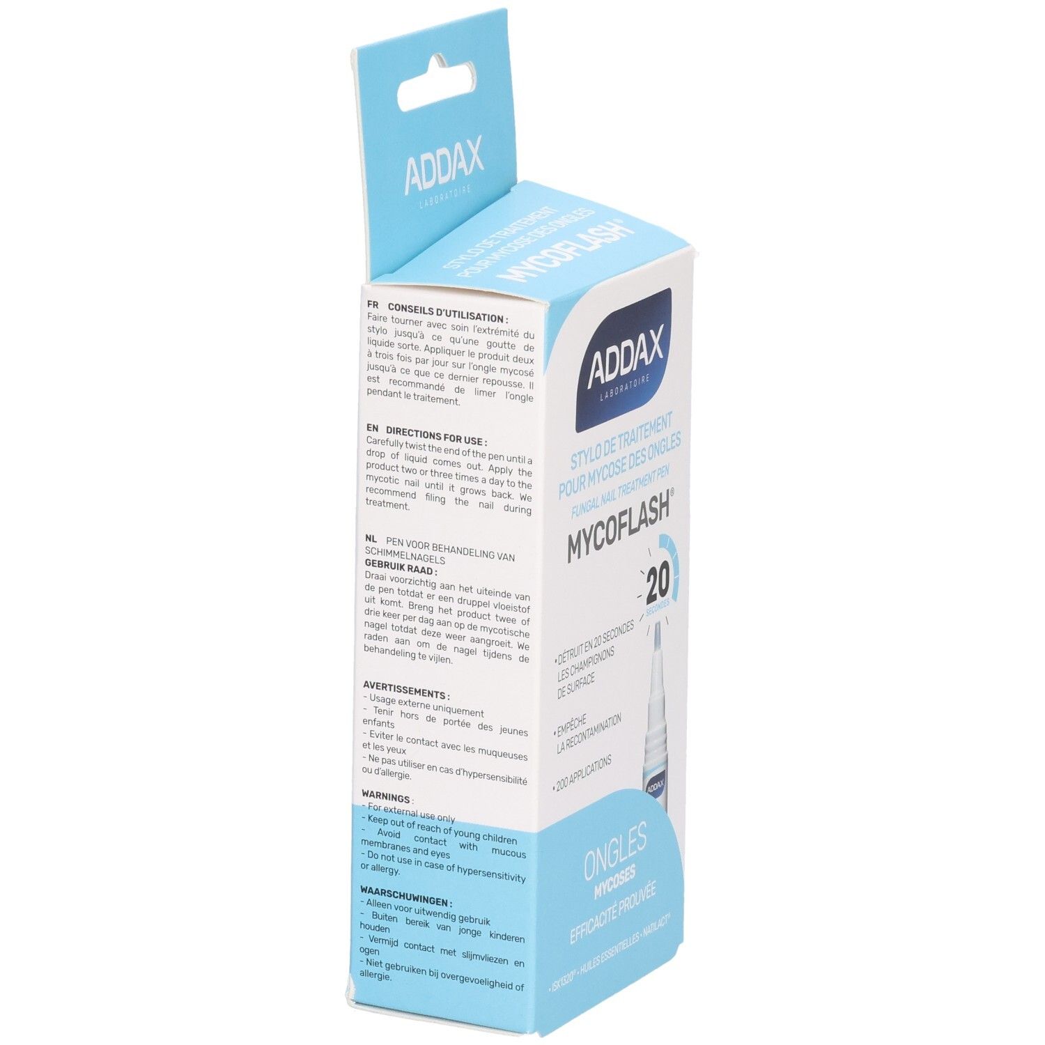 Zijaanzicht van de ADDAX Mycoflash Stylo verpakking. Bevat instructies en productinformatie. Blauw-witte verpakking.