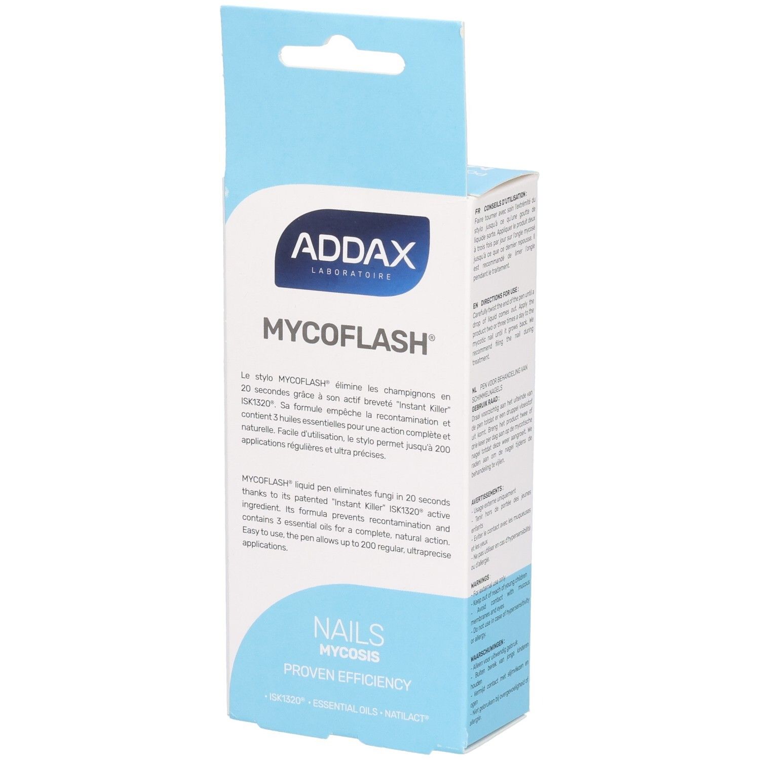 Verpakking ADDAX Mycoflash Stylo. Bevat productinformatie en tekst. Blauw-witte verpakking.