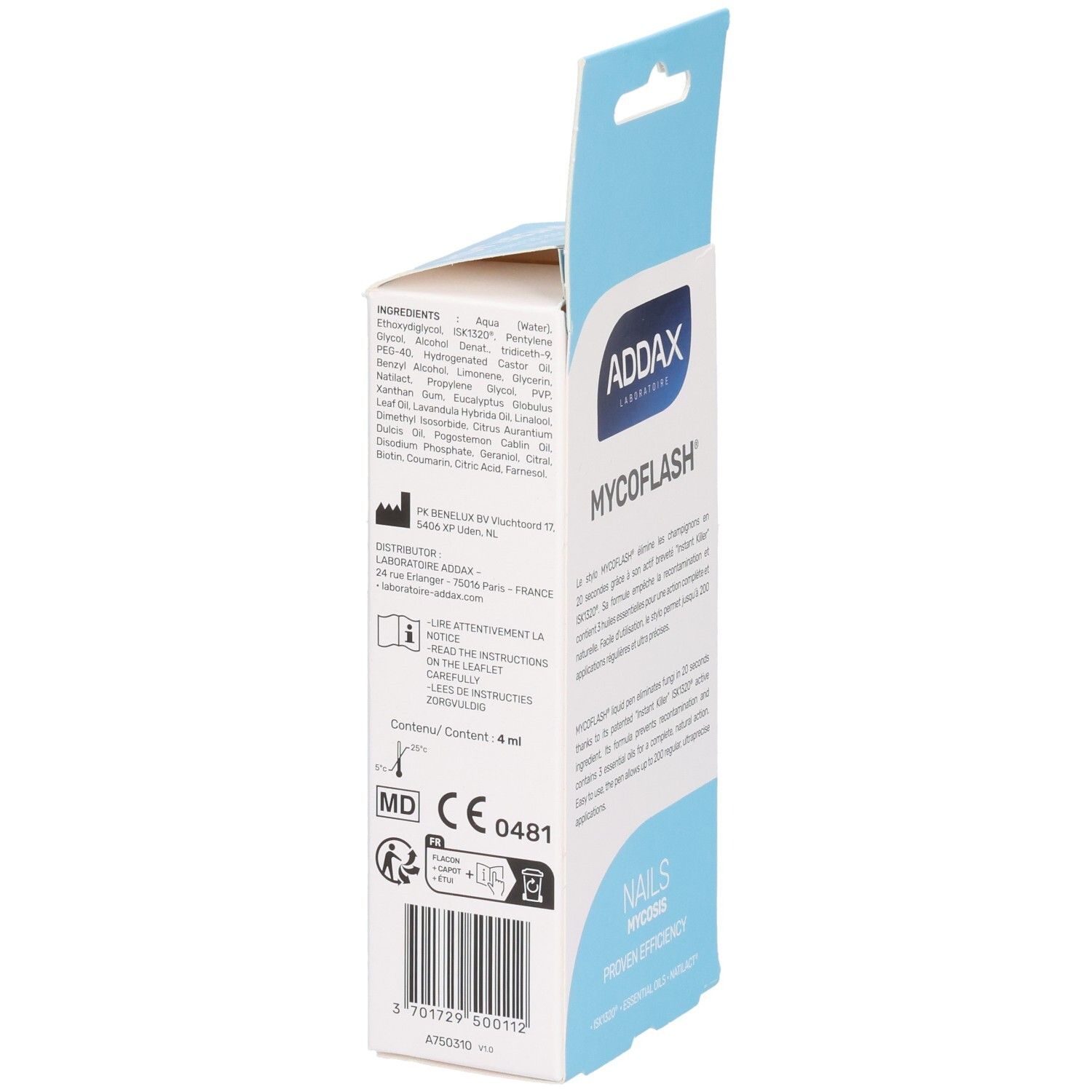 Achterkant van de ADDAX Mycoflash Stylo verpakking. Bevat ingrediënten en informatie. Blauw-witte verpakking.