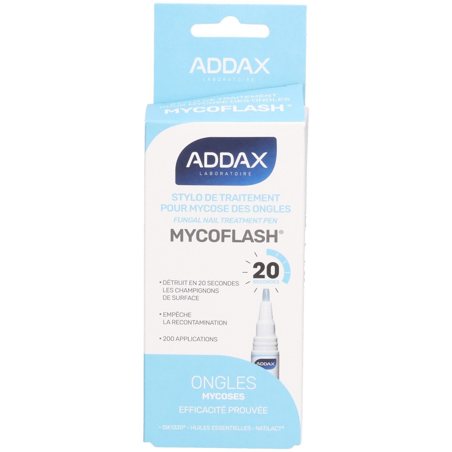 ADDAX Mycoflash Stylo verpakking. Pen voor nagelmycose behandeling. Blauw-witte verpakking.