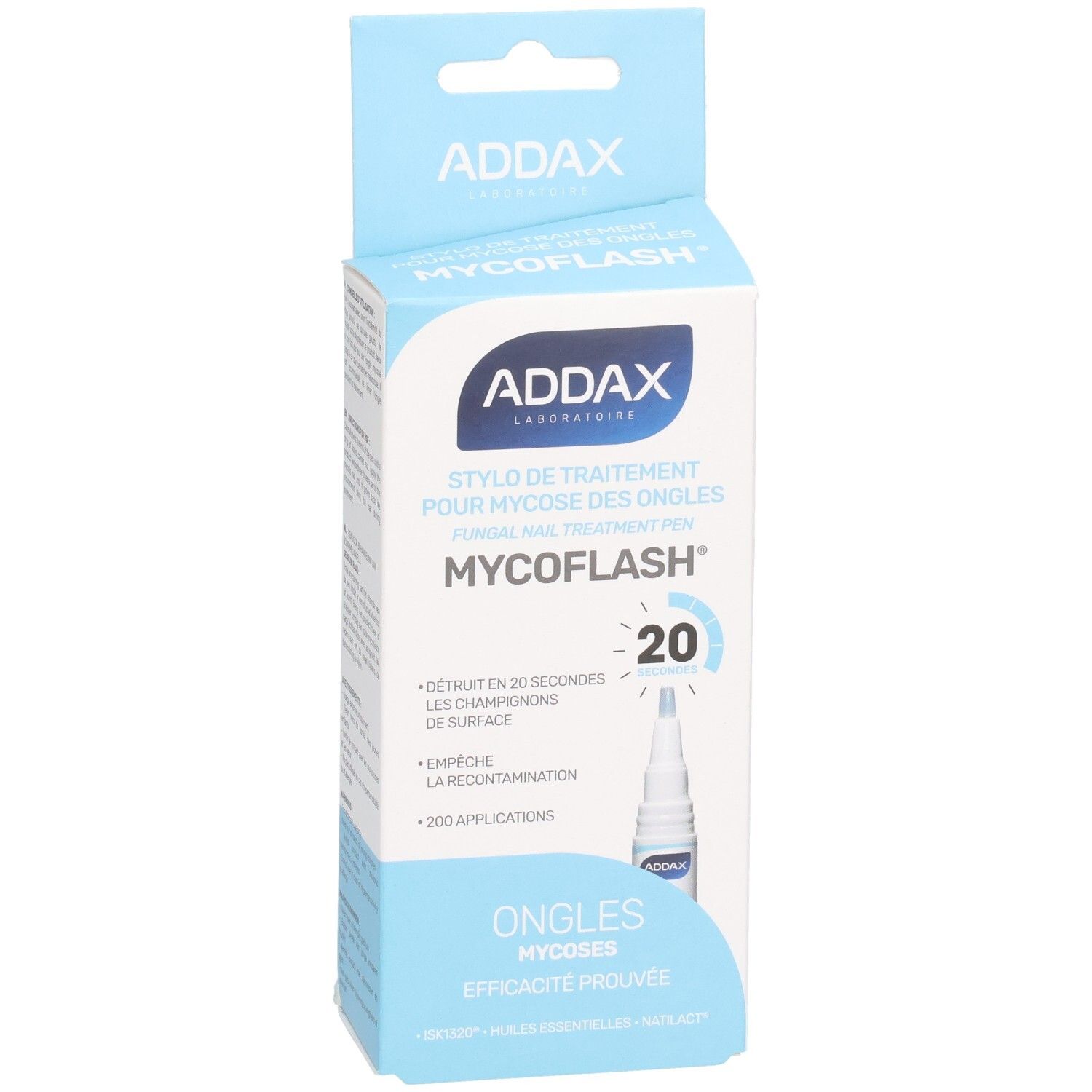ADDAX Mycoflash Stylo verpakking. Pen voor nagelmycose behandeling. Blauw-witte verpakking.
