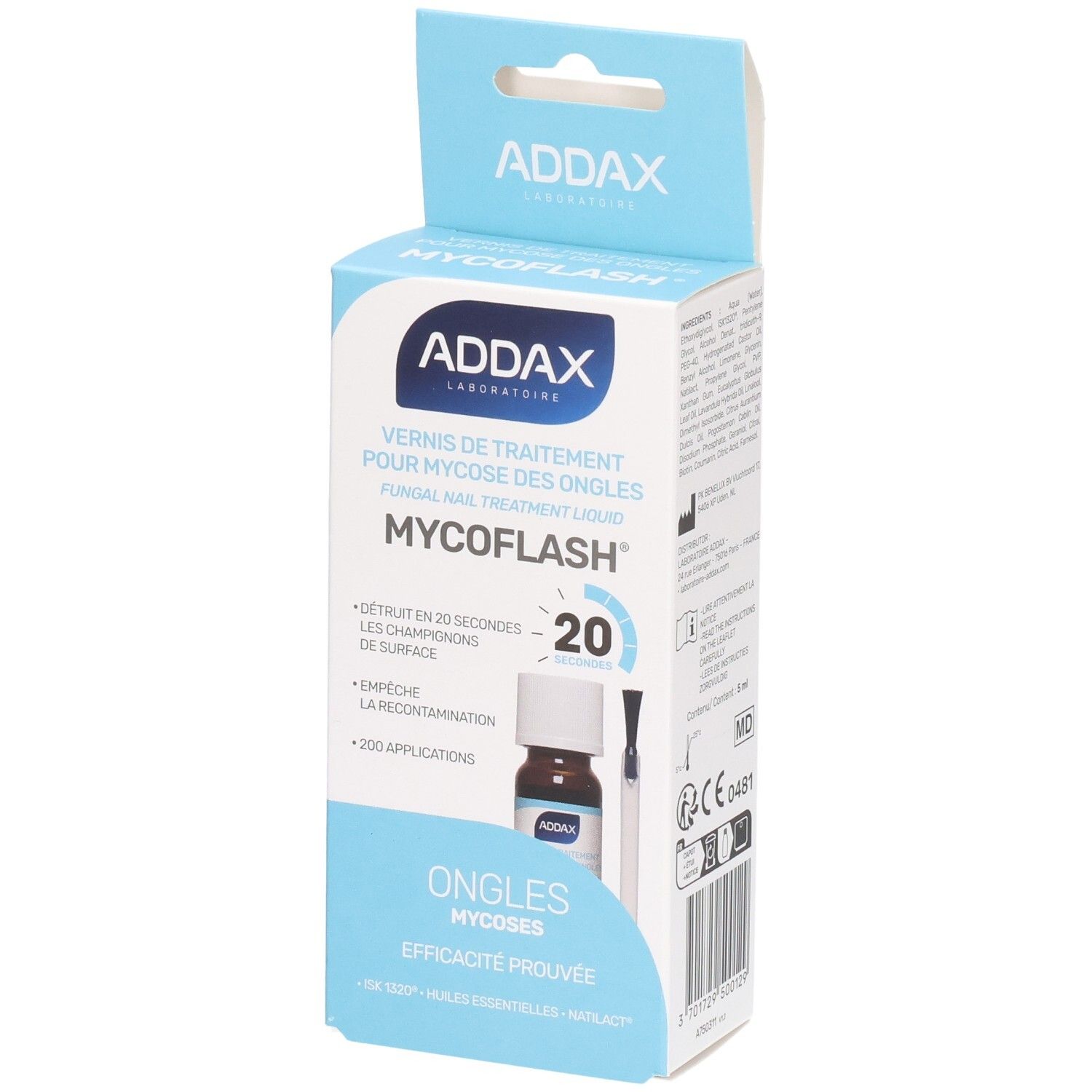 Verpakking ADDAX Mycoflash. Blauw-witte doos met productinfo en flesje met kwast. Nagel schimmel behandeling.