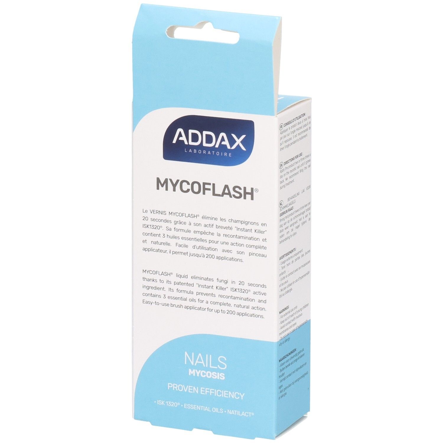 ADDAX Mycoflash verpakking. Productnaam en informatie. Blauw-witte doos. Nagel schimmel behandeling.