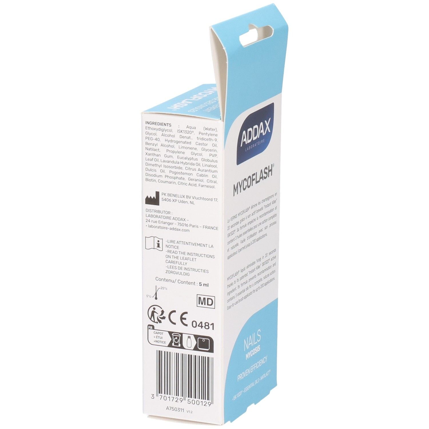 Zijkant ADDAX Mycoflash verpakking. Ingrediënten, fabrikant info, CE markering en volume. Nagel schimmel behandeling.