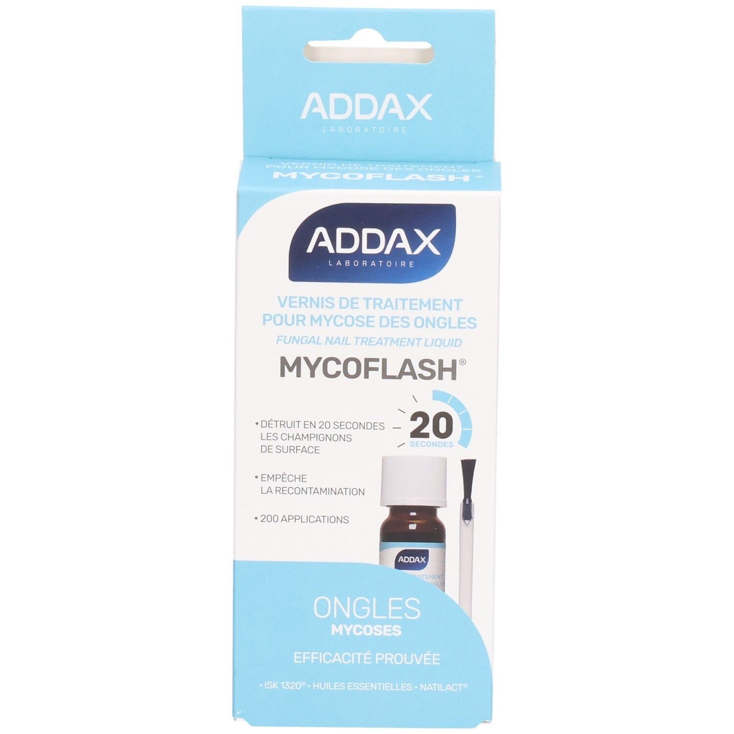 ADDAX Mycoflash verpakking. Product en kwast. Blauw-witte doos. Nagel schimmel behandeling.