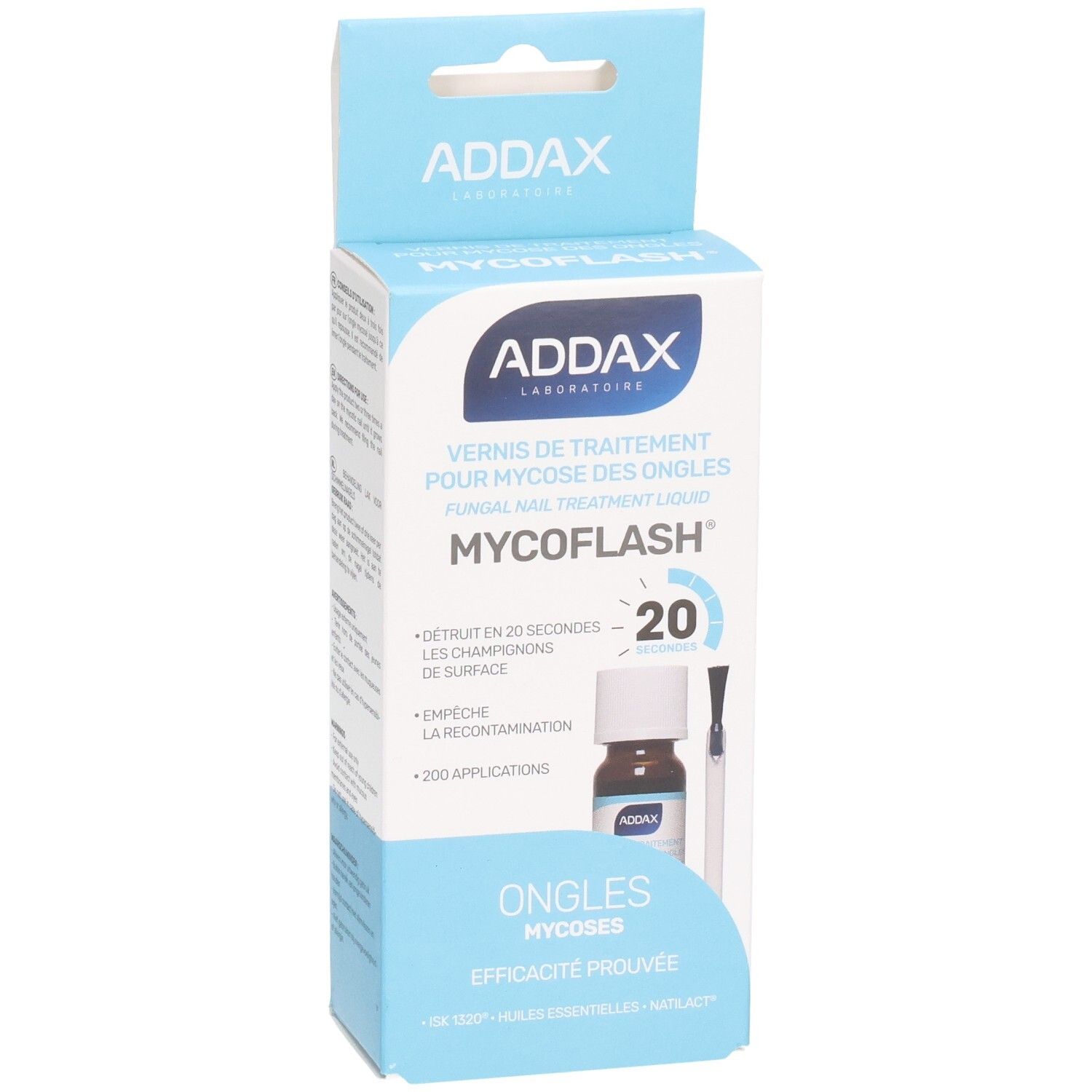 ADDAX Mycoflash verpakking. Product en kwast. Blauw-witte doos. Nagel schimmel behandeling.