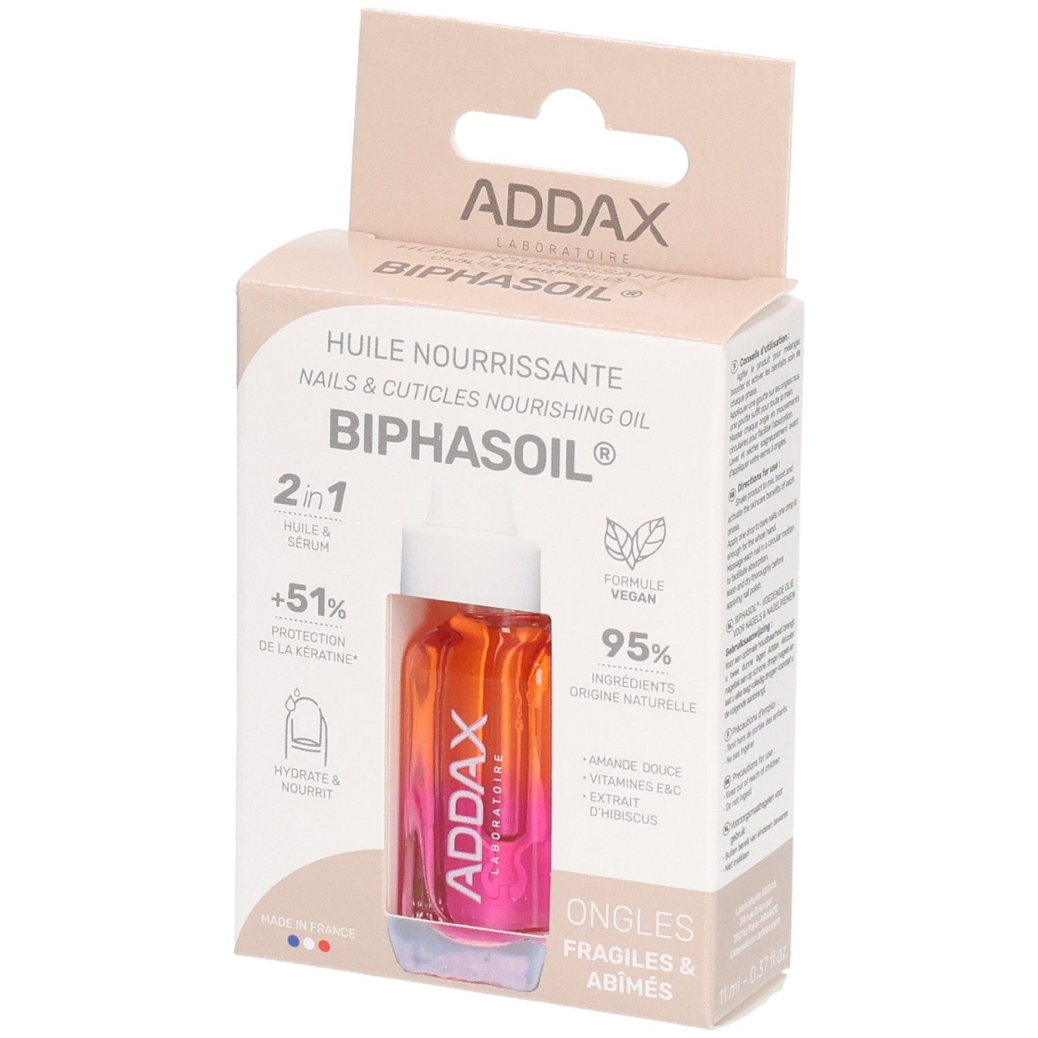 Emballage ADDAX Biphasoil Huile Nourrissante 2 en 1. Flacon dans une boîte. Soin pour ongles et cuticules.