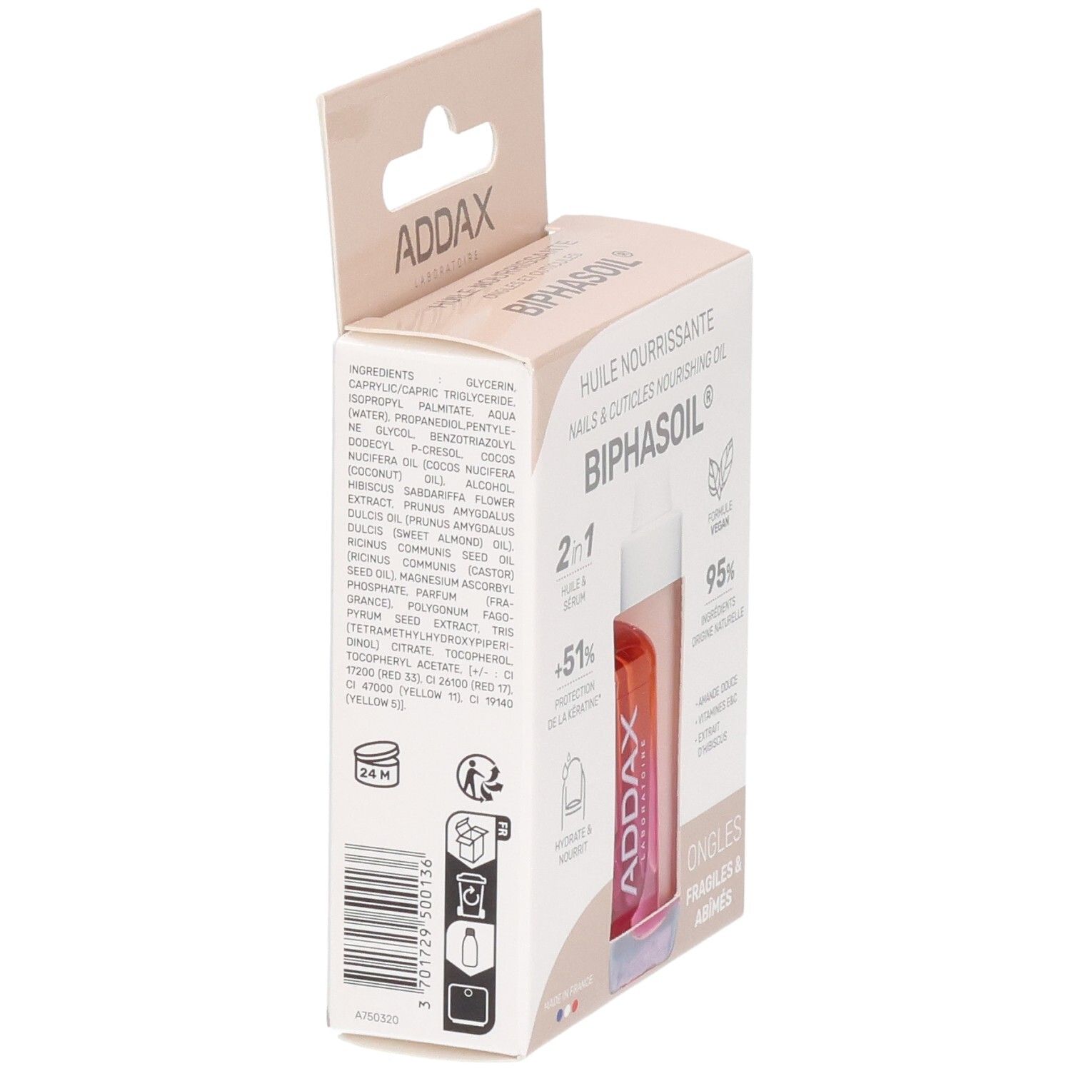 Dos de l'emballage ADDAX Biphasoil. Ingrédients et informations. Soin pour ongles et cuticules.