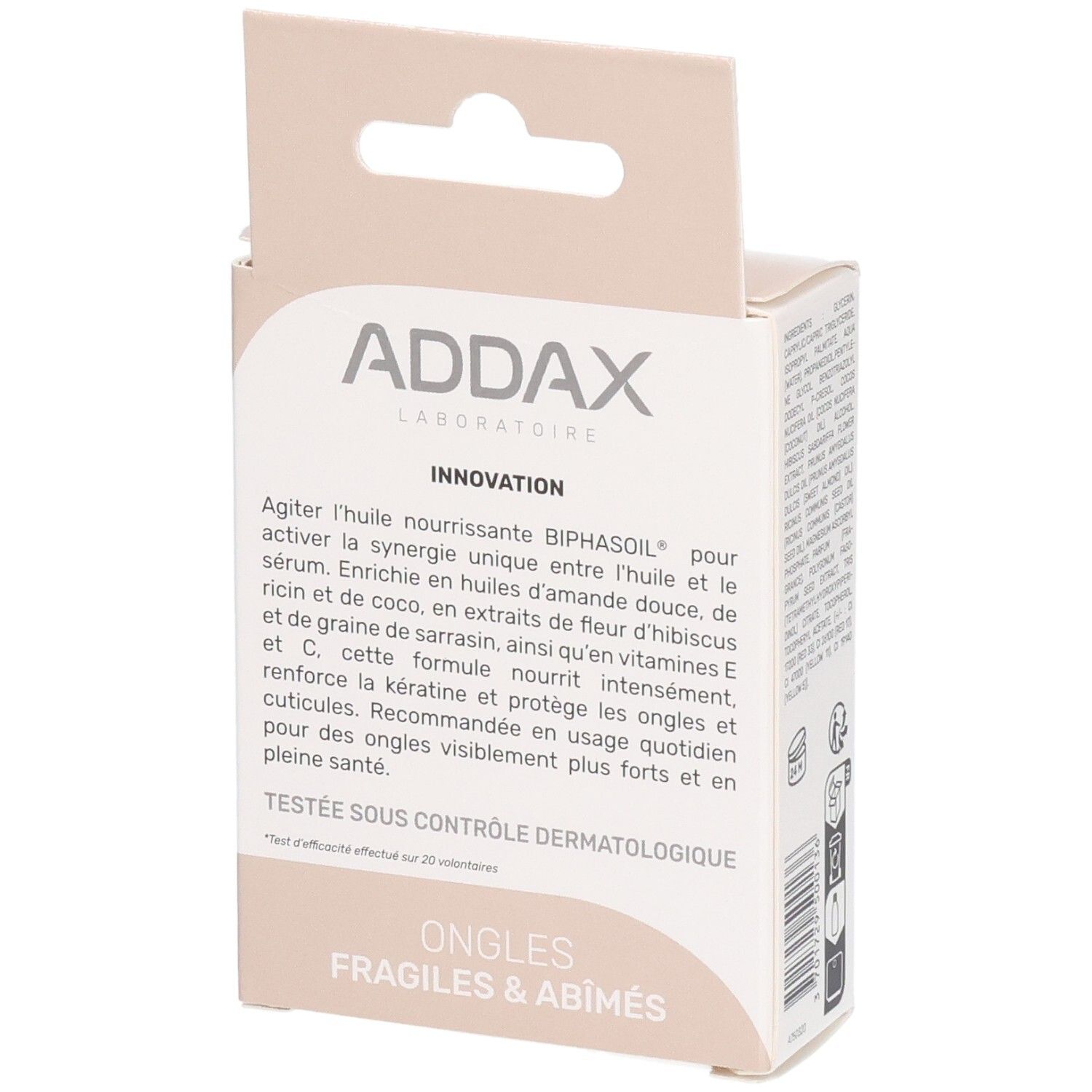 Dessus de l'emballage ADDAX Biphasoil. Texte sur l'utilisation. Soin pour ongles et cuticules.