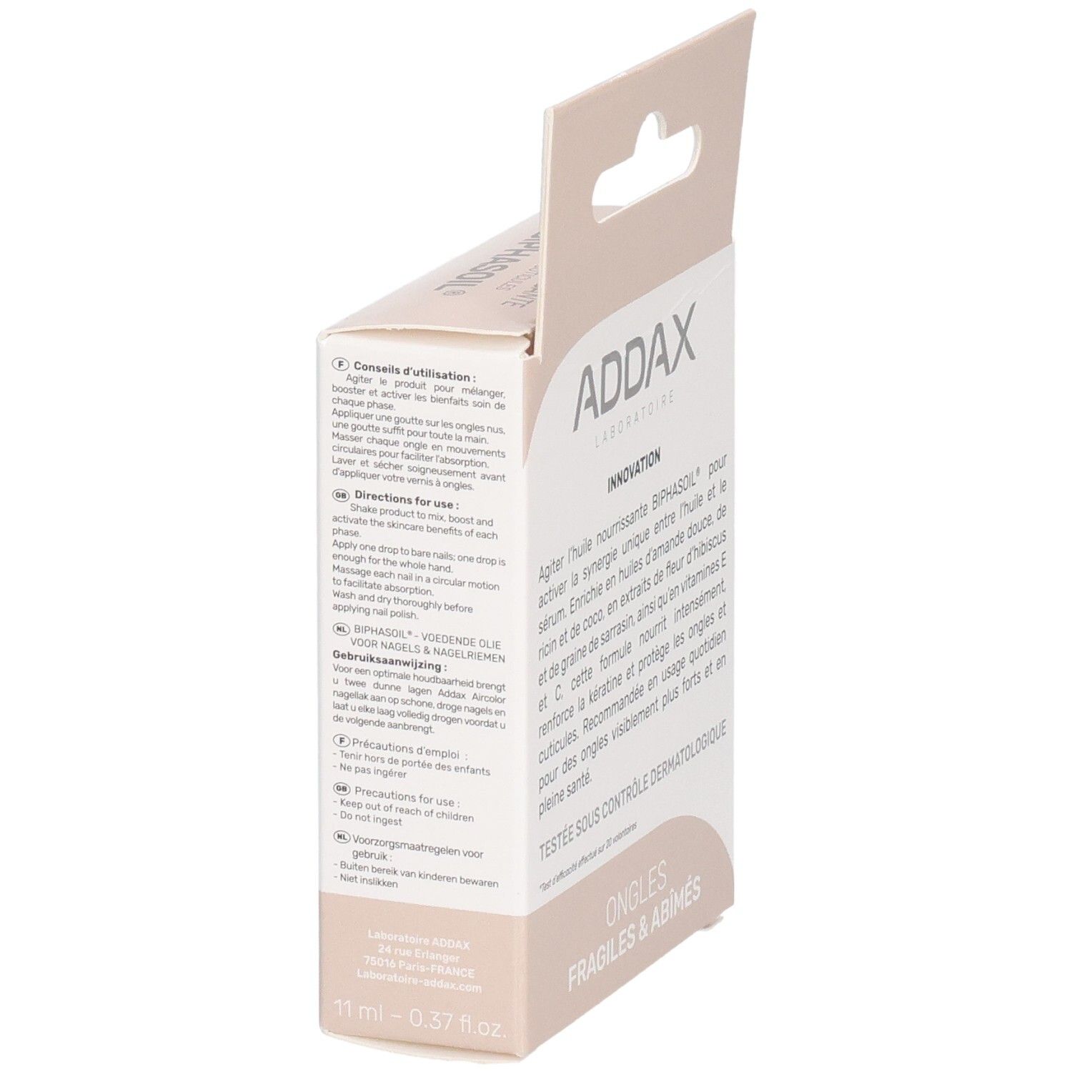 Côté de l'emballage ADDAX Biphasoil. Mode d'emploi. Soin pour ongles et cuticules.