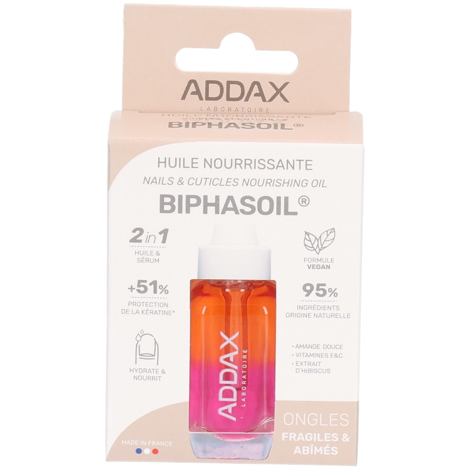 Emballage ADDAX Biphasoil Huile Nourrissante 2 en 1. Flacon dans une boîte. Soin pour ongles et cuticules.