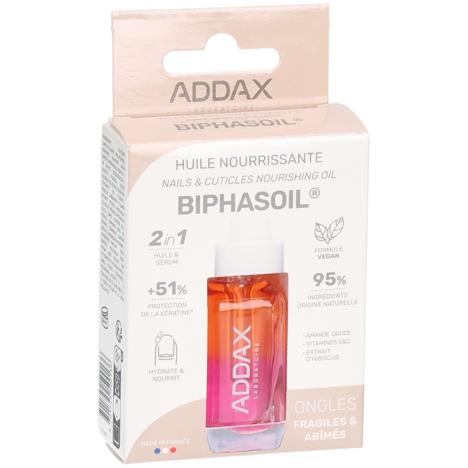Emballage ADDAX Biphasoil Huile Nourrissante 2 en 1. Flacon dans une boîte. Soin pour ongles et cuticules.