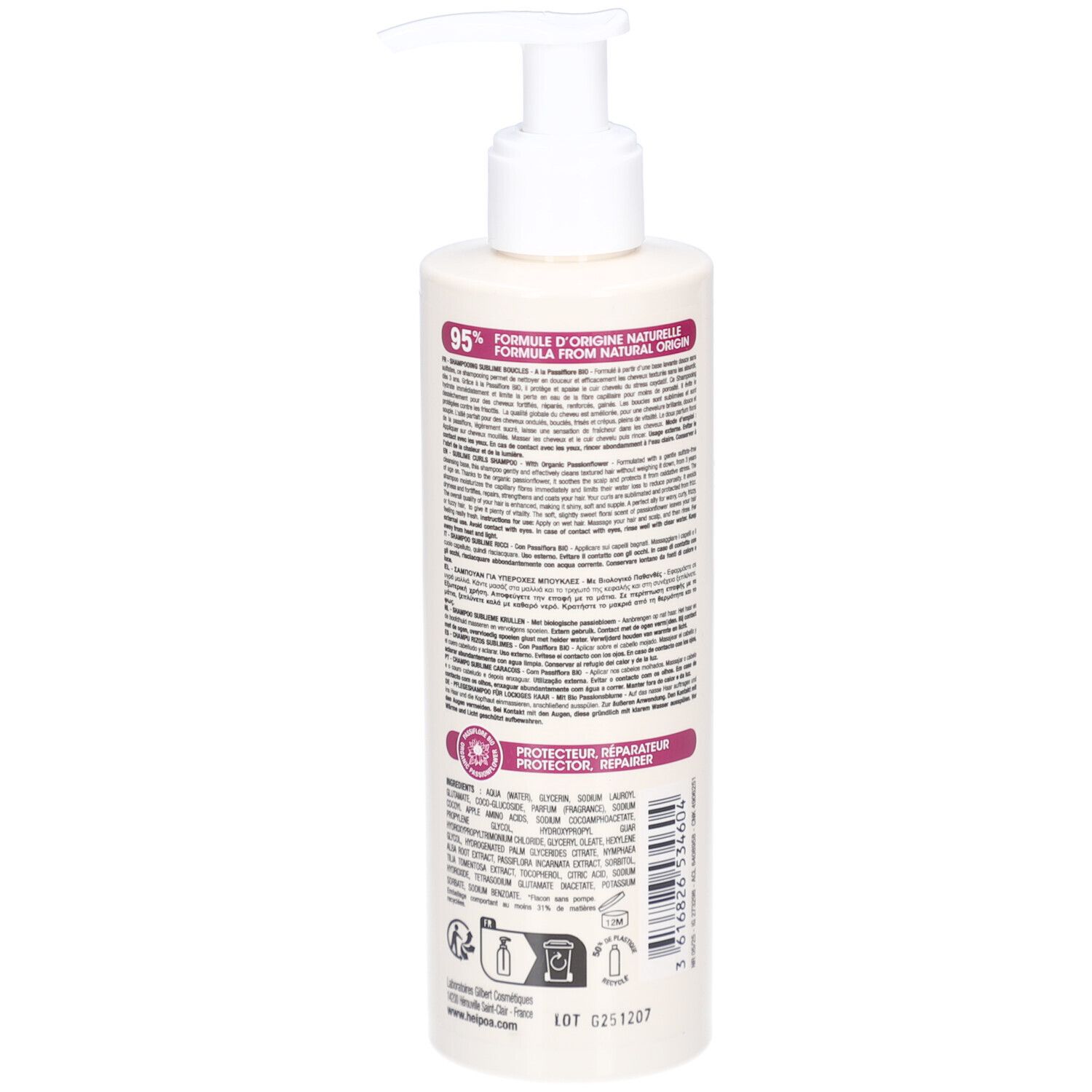 Dos du flacon de shampooing. Texte et ingrédients. Décoré de fleurs violettes. 95% formule d'origine naturelle.