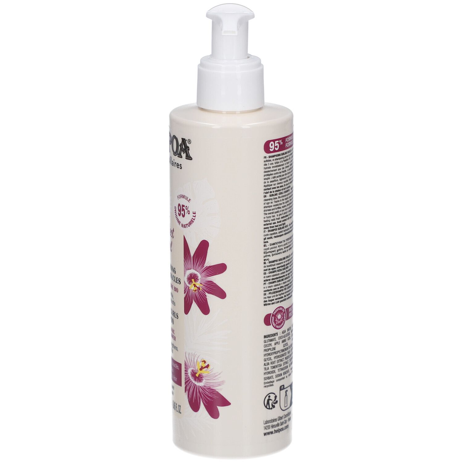 Flacon de shampooing, vue latérale. Inscription: Hei Poa. Décoré de fleurs violettes. 95% formule d'origine naturelle.