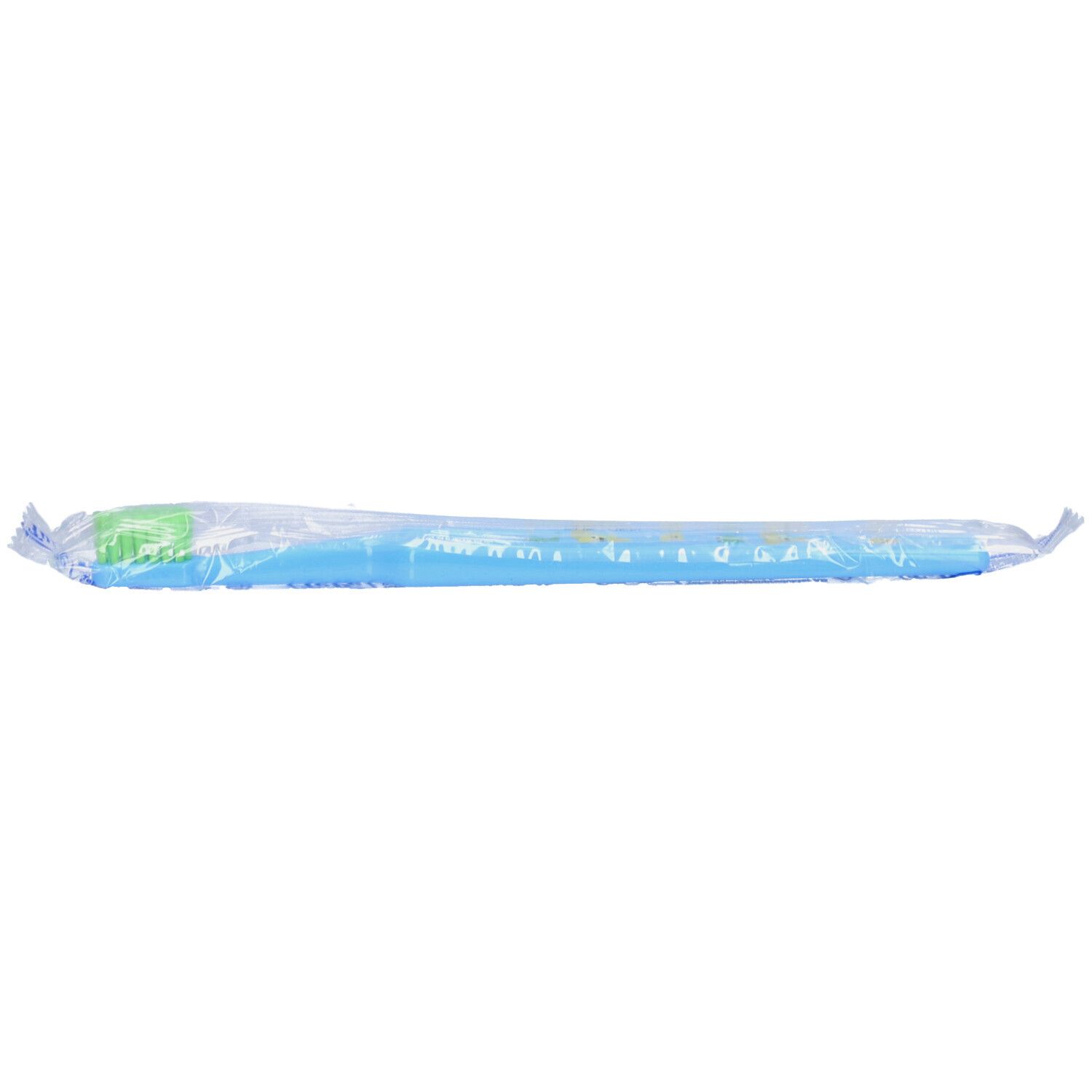 Brosse à dents emballée. Manche bleu clair, tête verte. Emballage transparent avec texte.