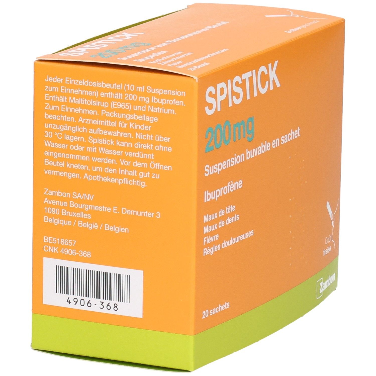 SPISTICK 200mg Ibuprofène Suspension en 20 sachets. Vue latérale de la boîte orange et verte avec texte.
