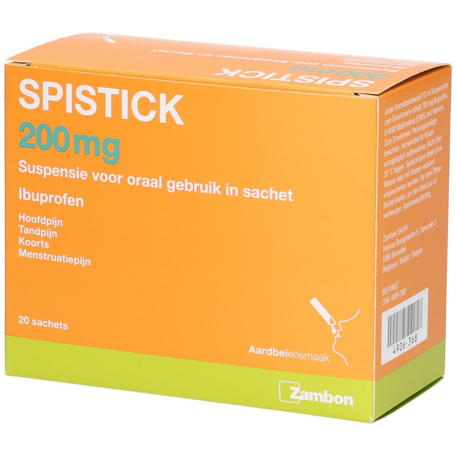 SPISTICK 200mg Ibuprofène Suspension en 20 sachets. Boîte orange et verte, texte néerlandais.