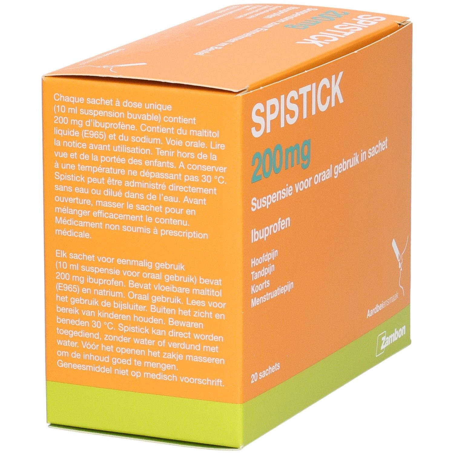 SPISTICK 200mg Ibuprofène Suspension en 20 sachets. Boîte avec texte français et néerlandais.