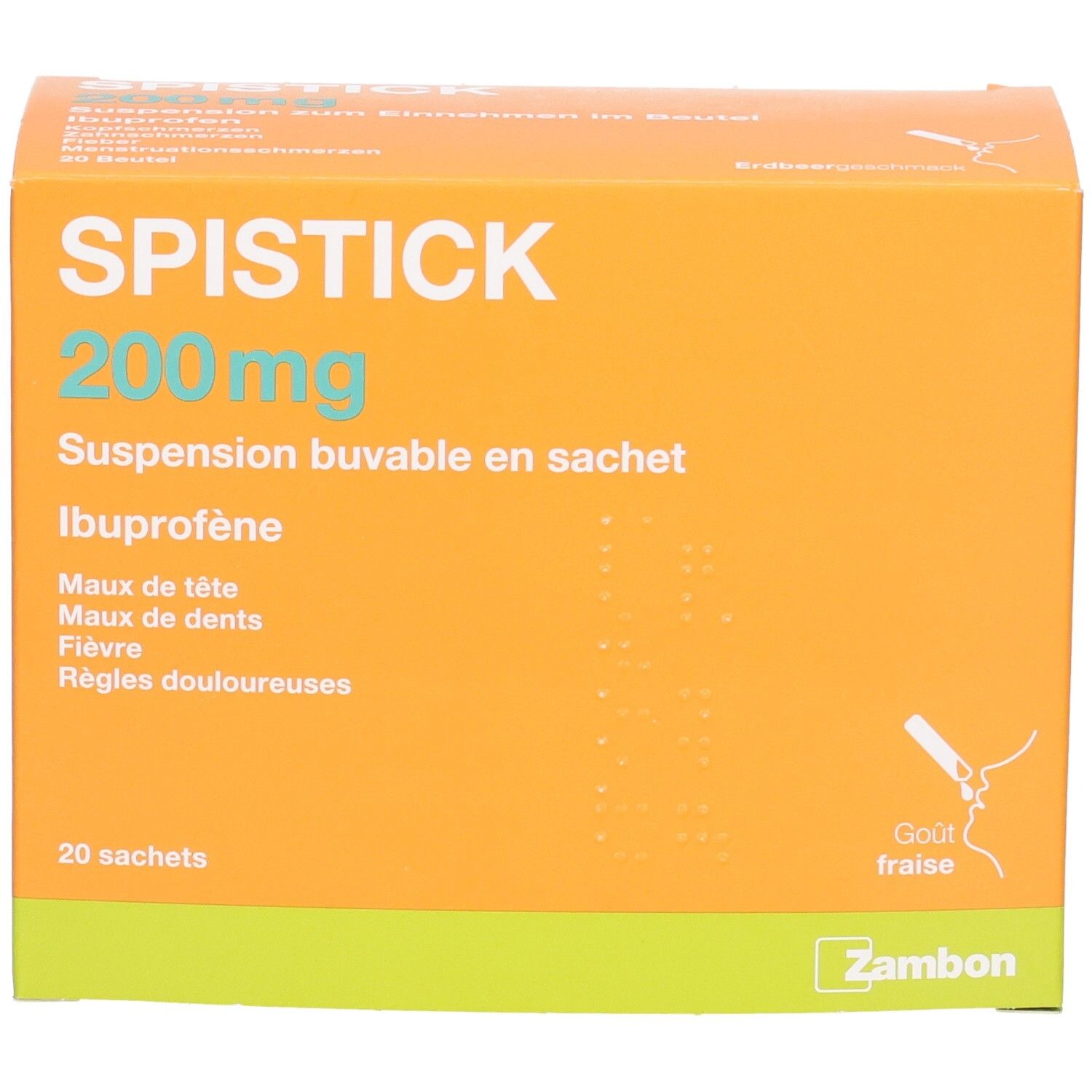 SPISTICK 200mg Ibuprofène Suspension en 20 sachets. Boîte orange goût fraise.