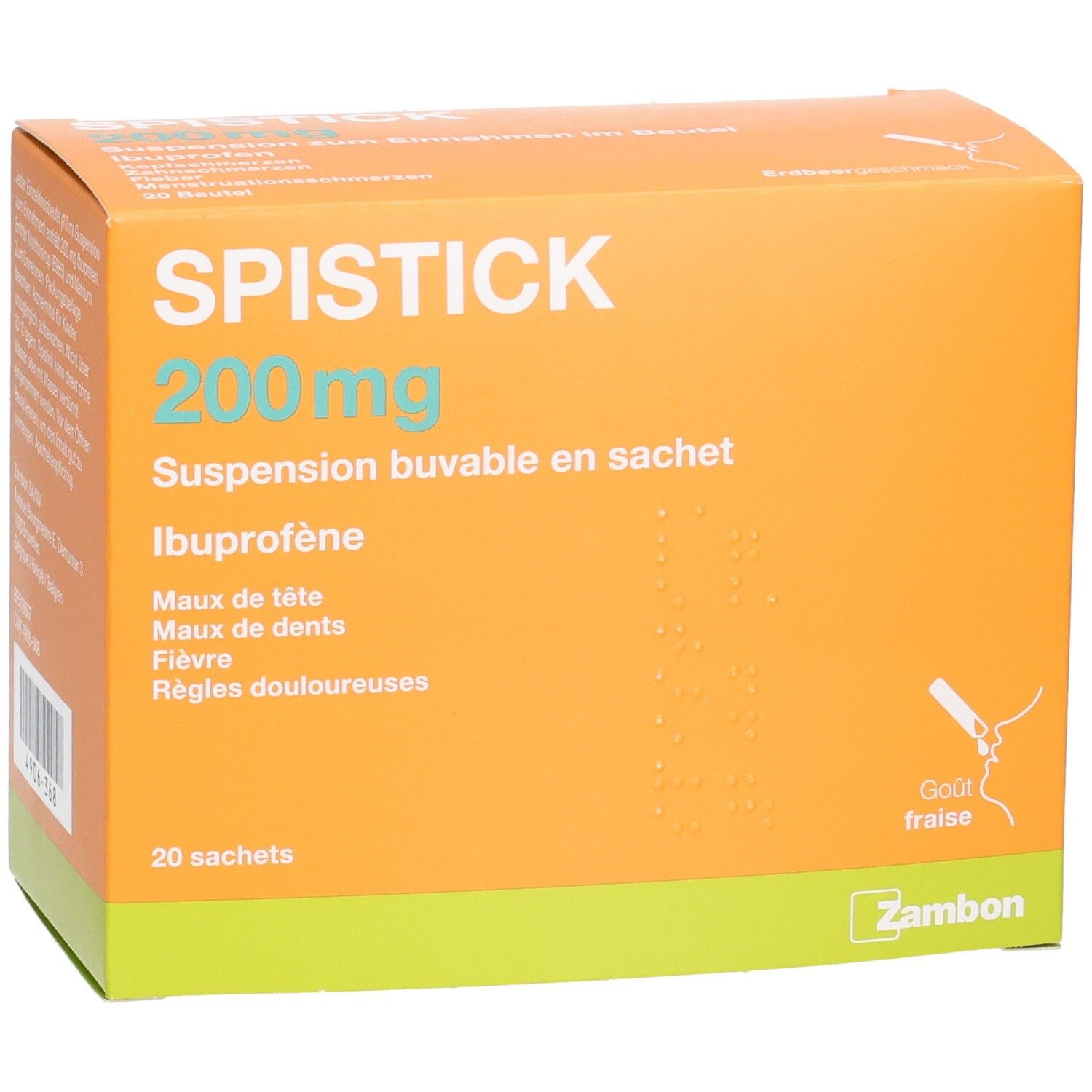 SPISTICK 200mg Ibuprofène Suspension en 20 sachets. Boîte orange goût fraise, logo Zambon.
