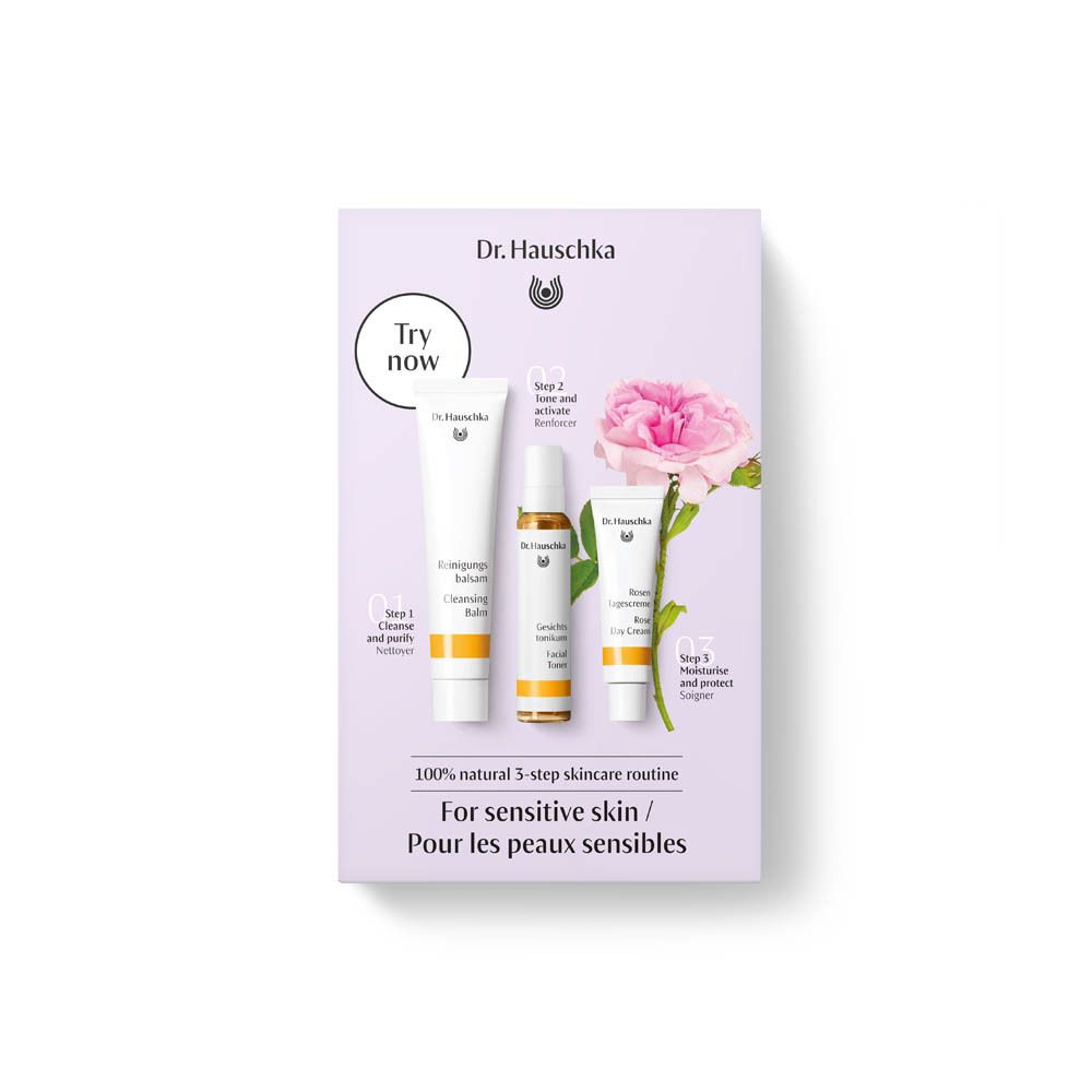 Dr. Hauschka Must-Have Kit Rose. Doos met drie producten: Reinigingsbalsem, Gezichtstonic, Rozen Dagcrème. Voor de droge, gevoelige huid.