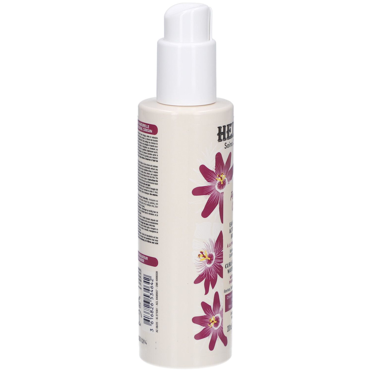 Flacon beige avec pompe blanche. Inscriptions et texte. Décor de fleurs de la passion. Dos avec texte et code-barres.