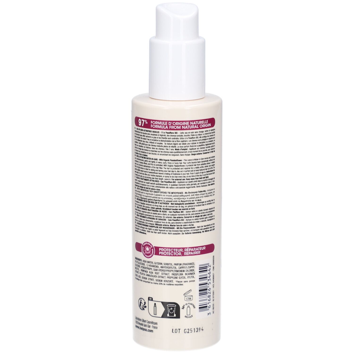 Dos d'un flacon beige avec pompe blanche. Texte, ingrédients et code-barres. Avec 97% de formule d'origine naturelle.