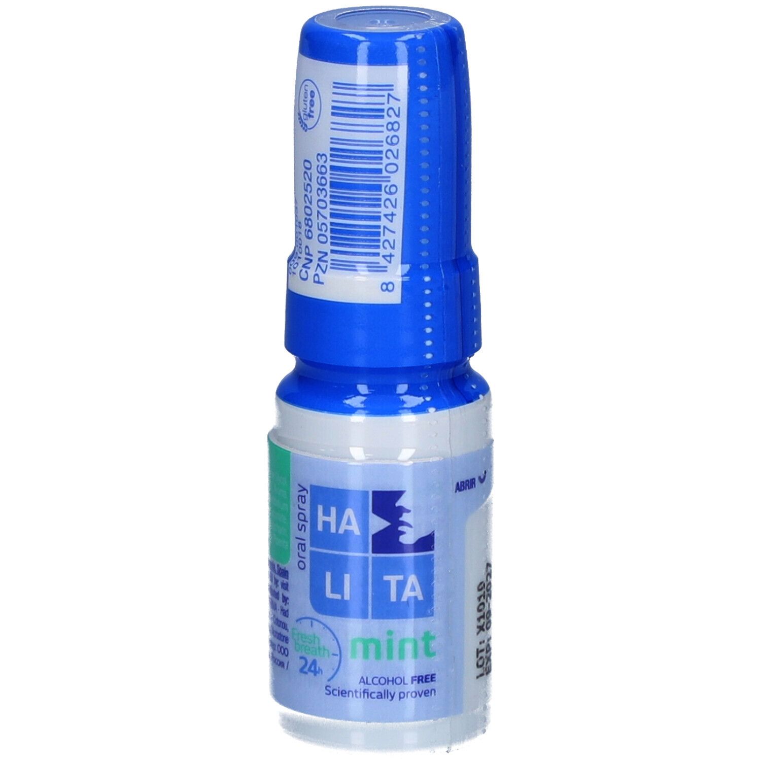 Blauwe en witte sprayfles. Opschrift: HA LITA mint, oral spray, alcoholvrij. Met barcode en certificeringen.