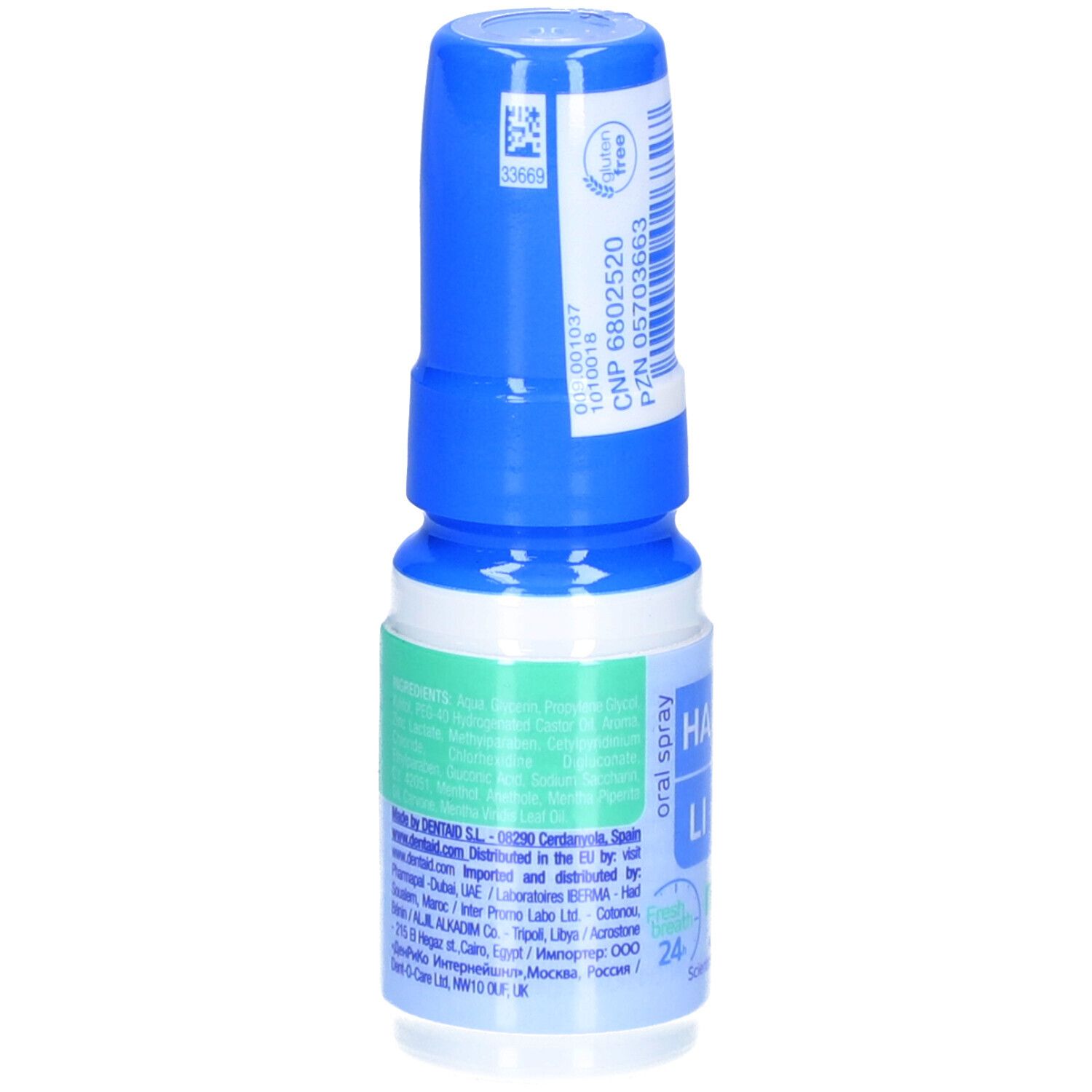 Blauwe en witte sprayfles. Achterkant met tekst en barcode. Opschrift: oral spray. Glutenvrije certificering.
