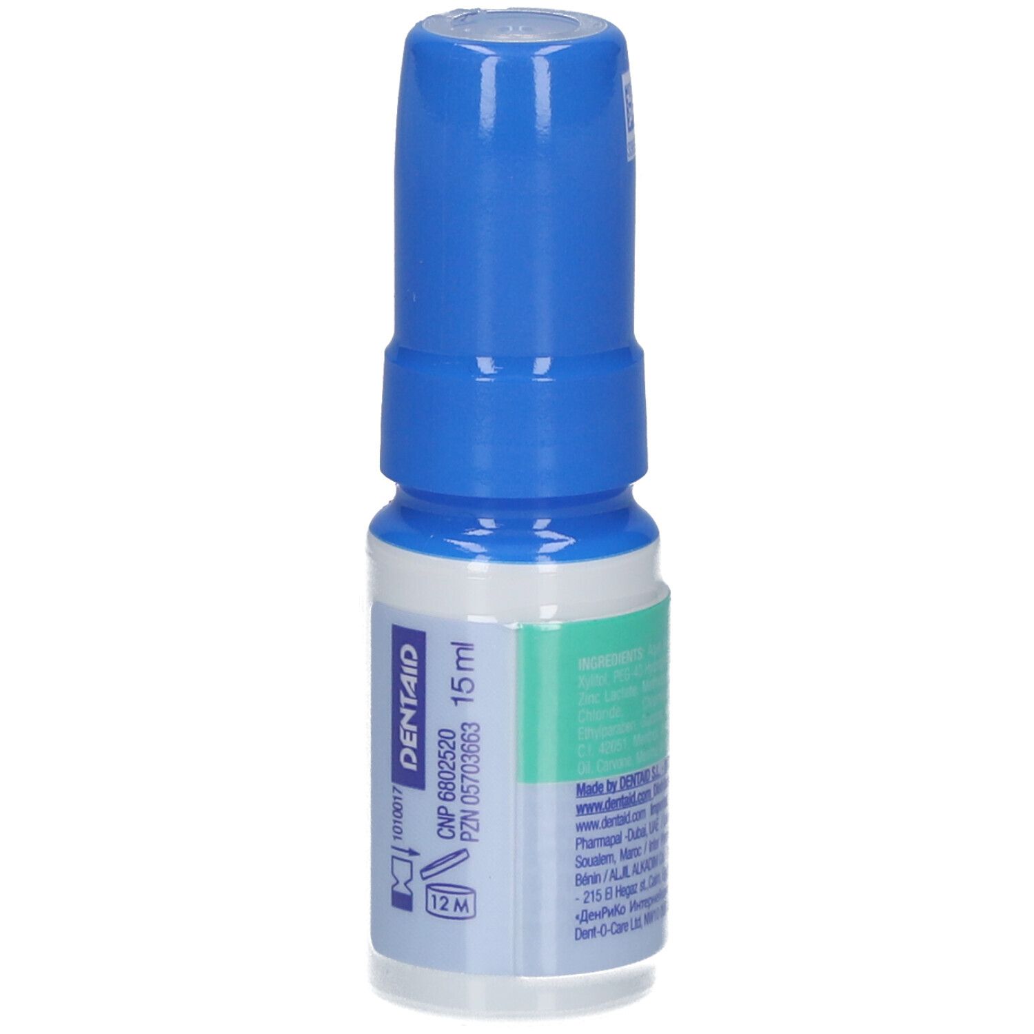 Blauwe en witte sprayfles. Opschrift: DENTAID, 15 ml. Met vervaldatum en houdbaarheidssymbool.
