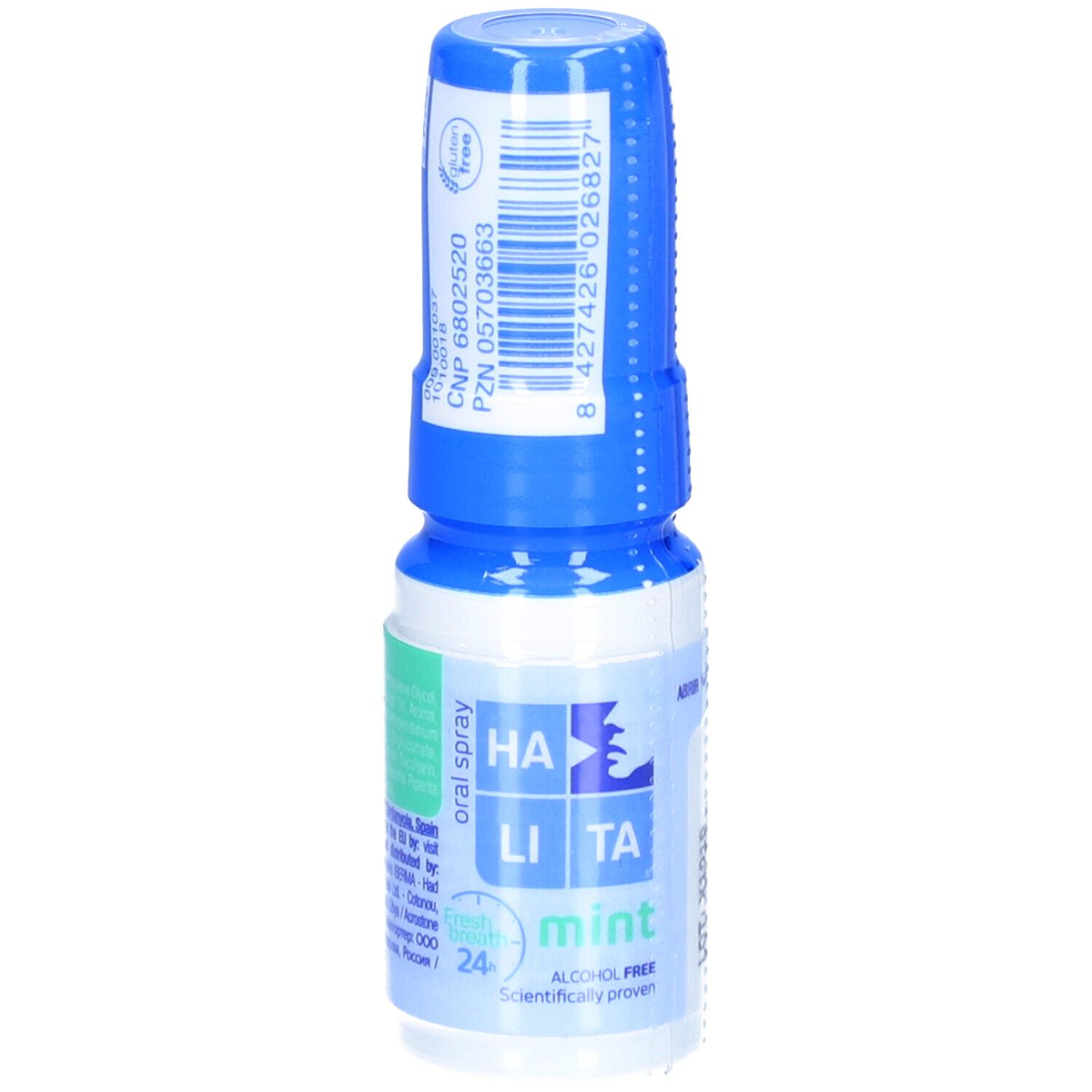 Blauwe en witte sprayfles. Opschrift: HA LITA mint, oral spray, alcoholvrij. Met barcode en certificeringen.