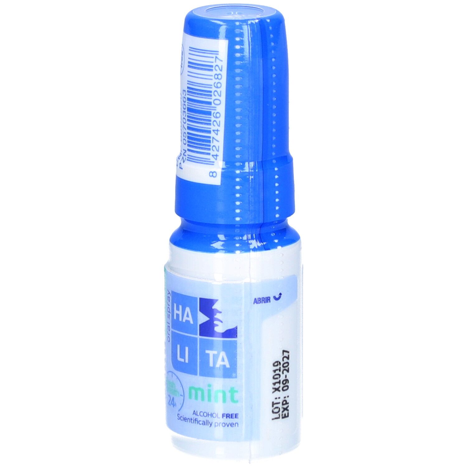 Blauwe en witte sprayfles. Opschrift: HA LITA mint, oral spray, alcoholvrij. Met barcode en vervaldatum.