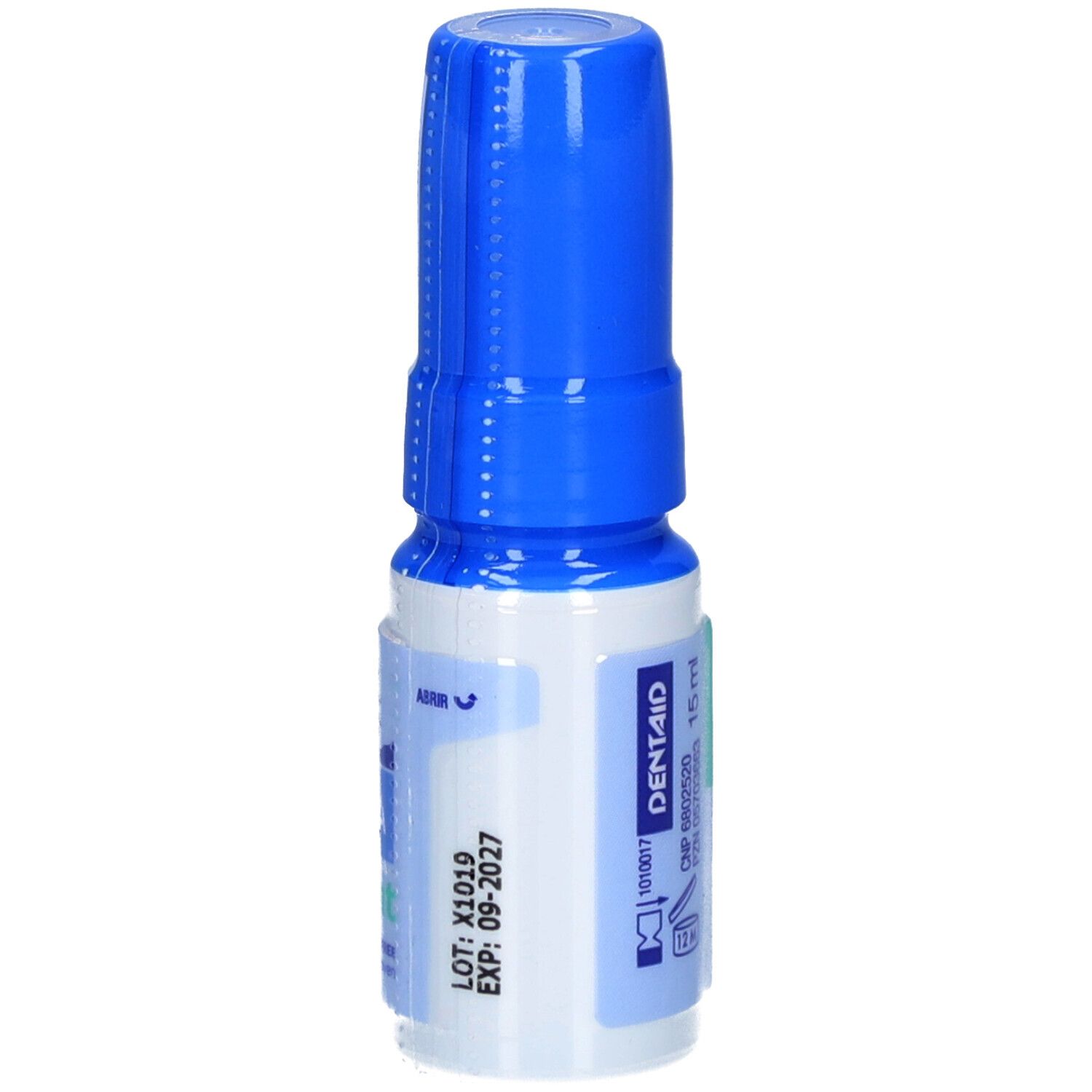 Blauwe en witte sprayfles. Opschrift: DENTAID, 15 ml. Met vervaldatum en houdbaarheidssymbool.