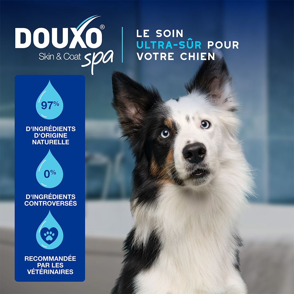 Image bleue avec produit et flèches. Texte: Une solution facile à appliquer. Flacon ergonomique.