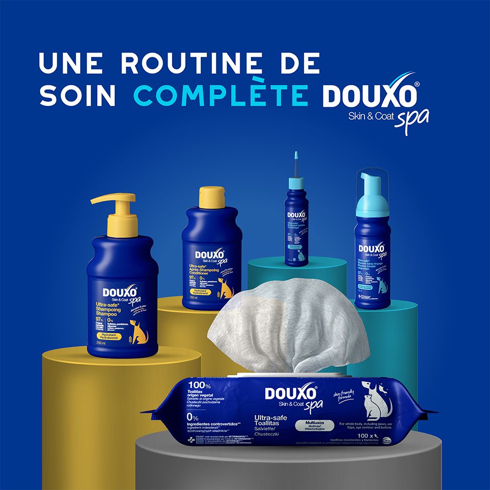 Douxo Spa productlijn met diverse flessen en doekjes.