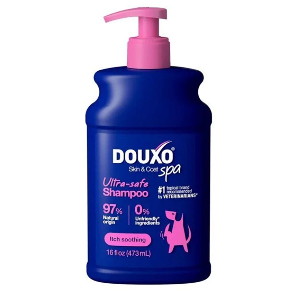 Fles Douxo Spa Ultra-safe shampoo met pompdosator, 473ml.
