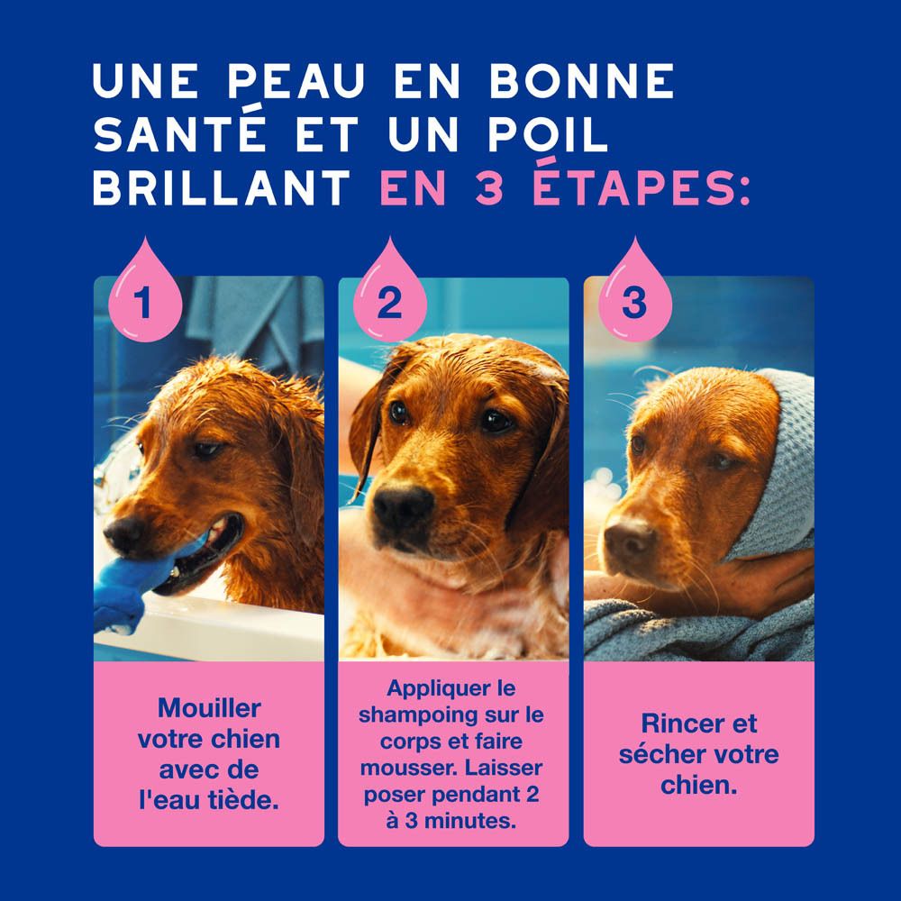 Chien dans un bain. Texte : Nettoie, hydrate et apaise les peaux sensibles. Gouttes roses.